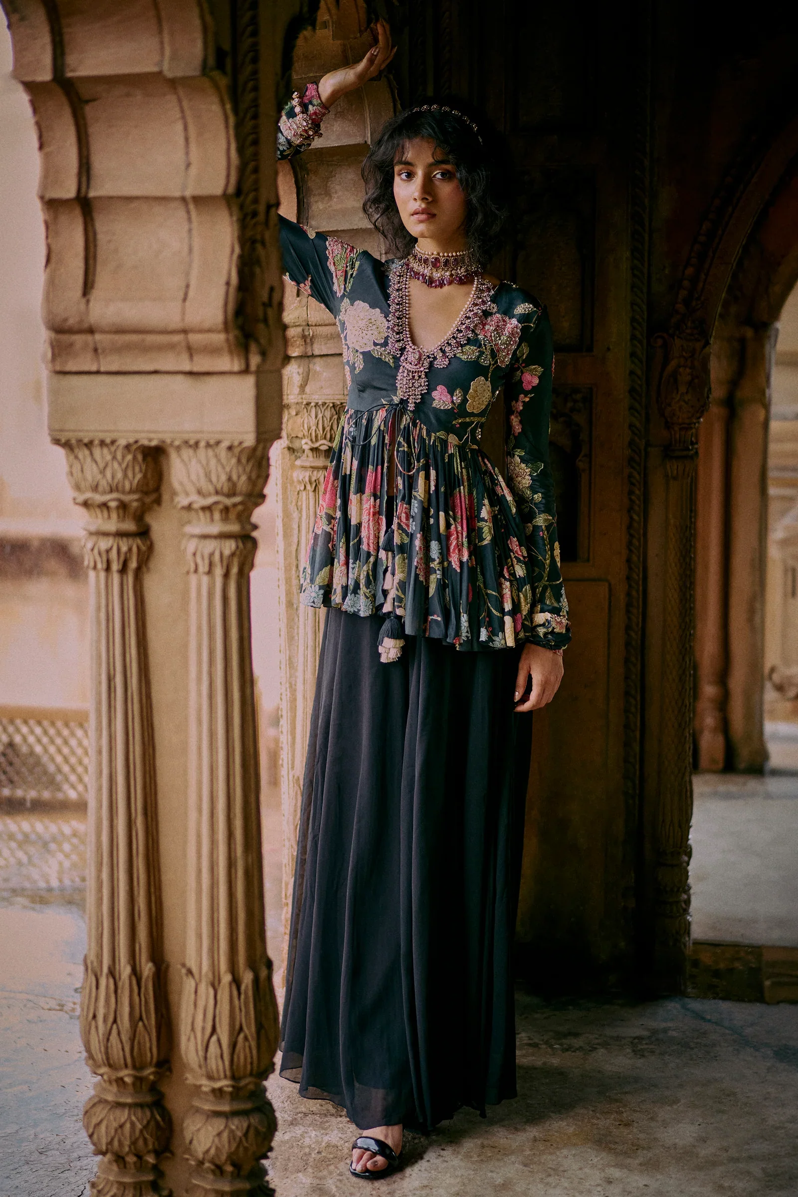A Black Floral Printed Peplum