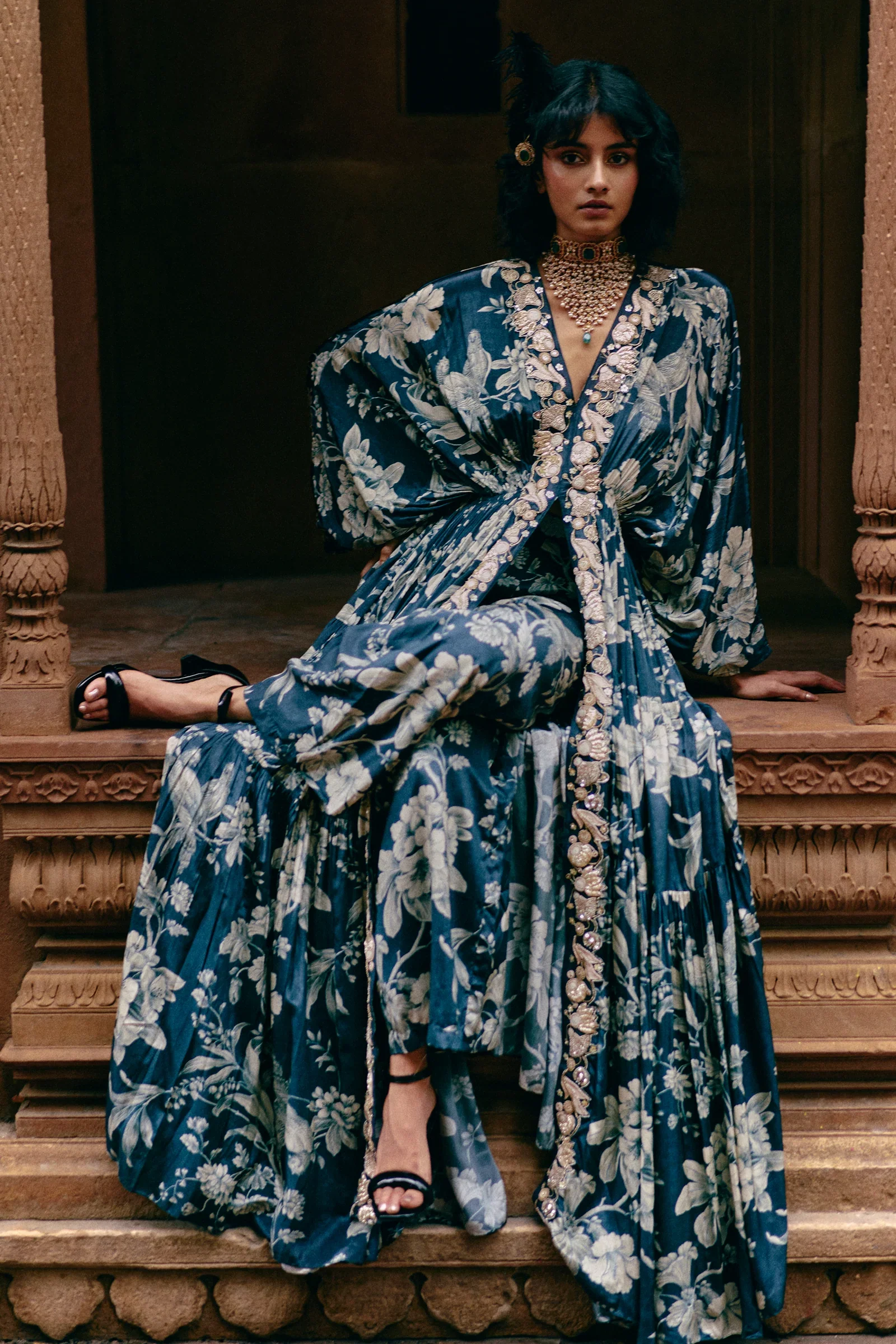 A Floral Jaal Print Kaftan Set Roop Flip Bird Print - Image 3
