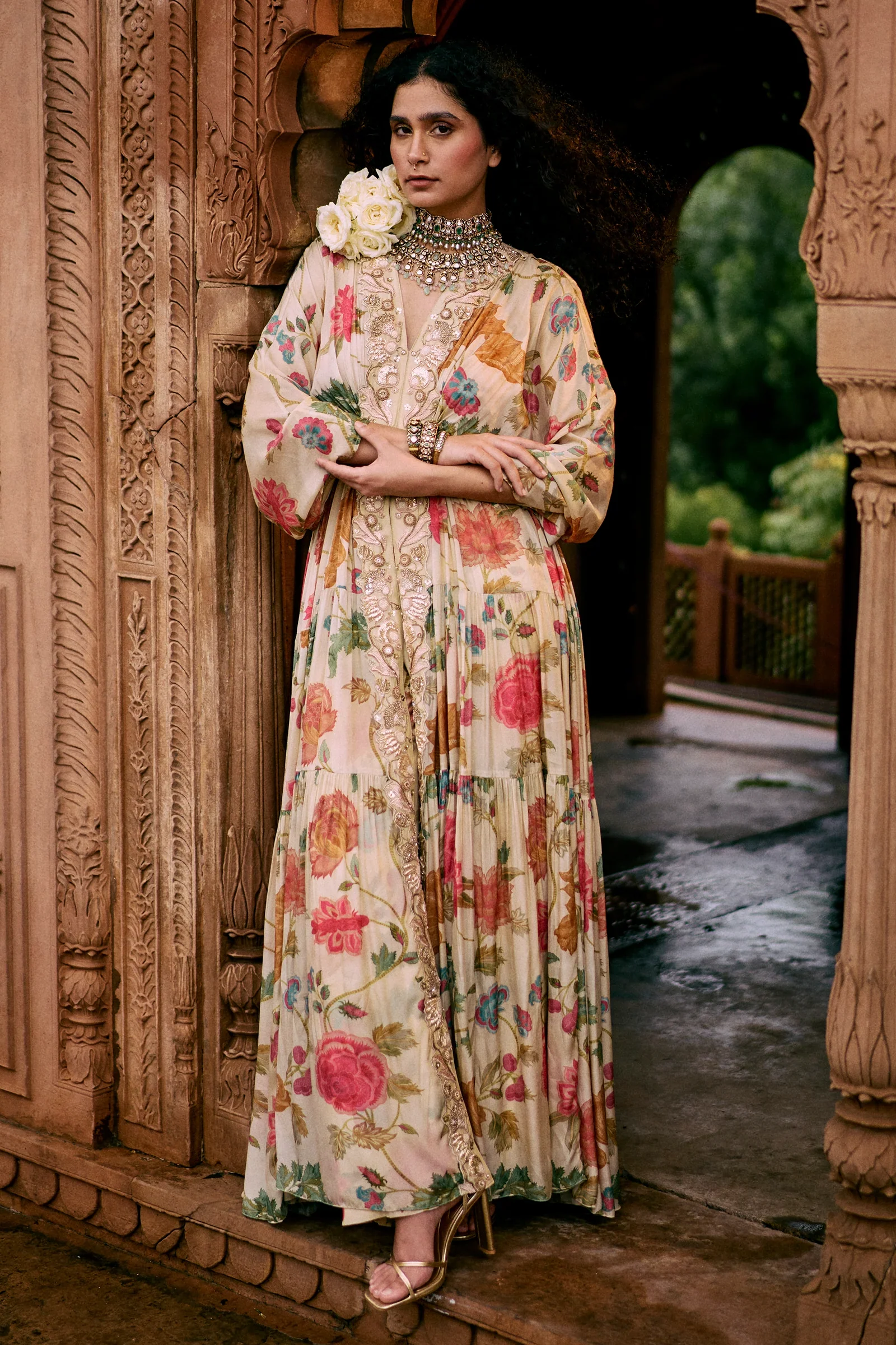 A Floral Kaal Print Kaftan Set With Ivory Chintz Floral Print