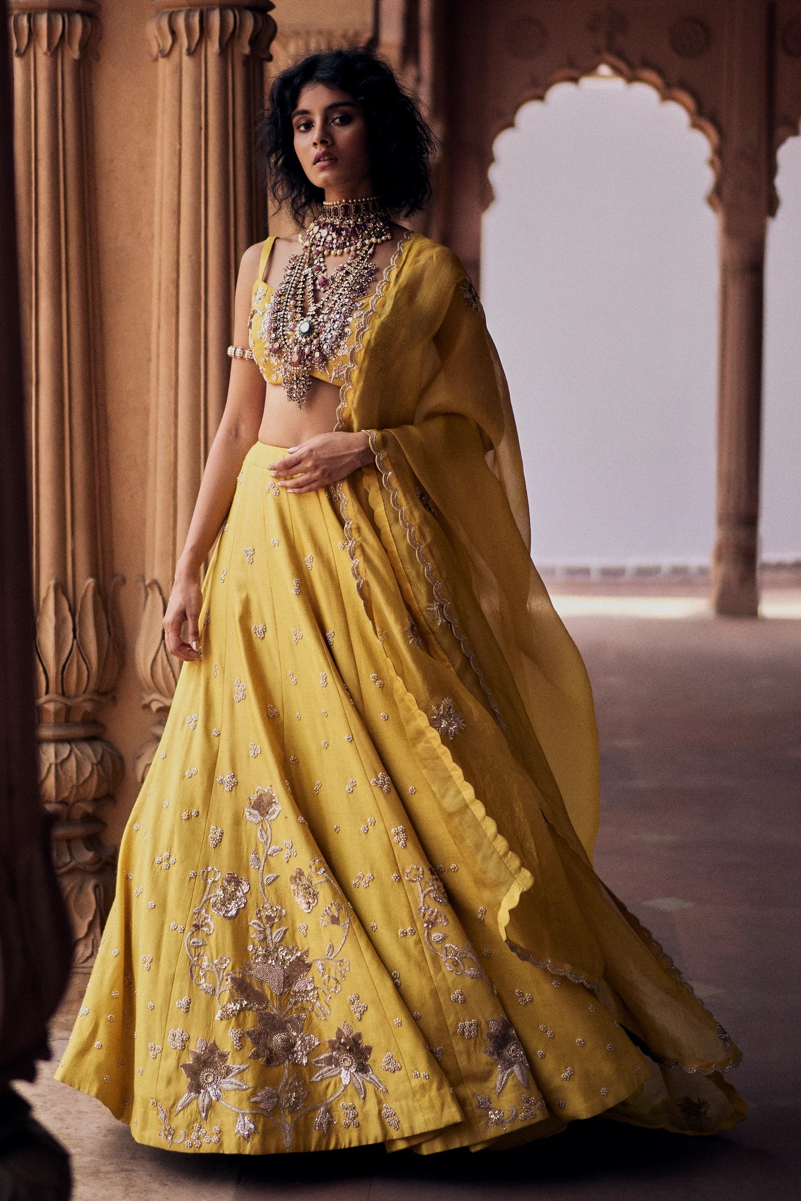 A Tuscany Yellow Hand-Embroidered Lehenga Set