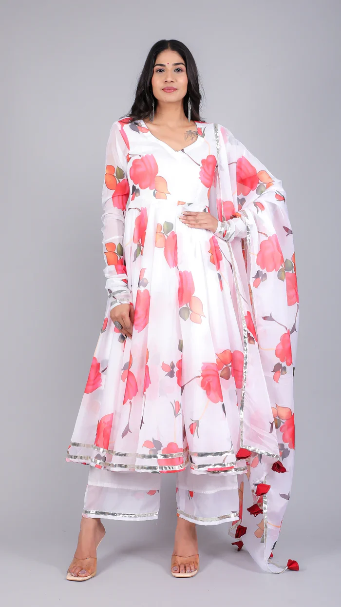 Aanchal red phool organza anarkali set - Image 2