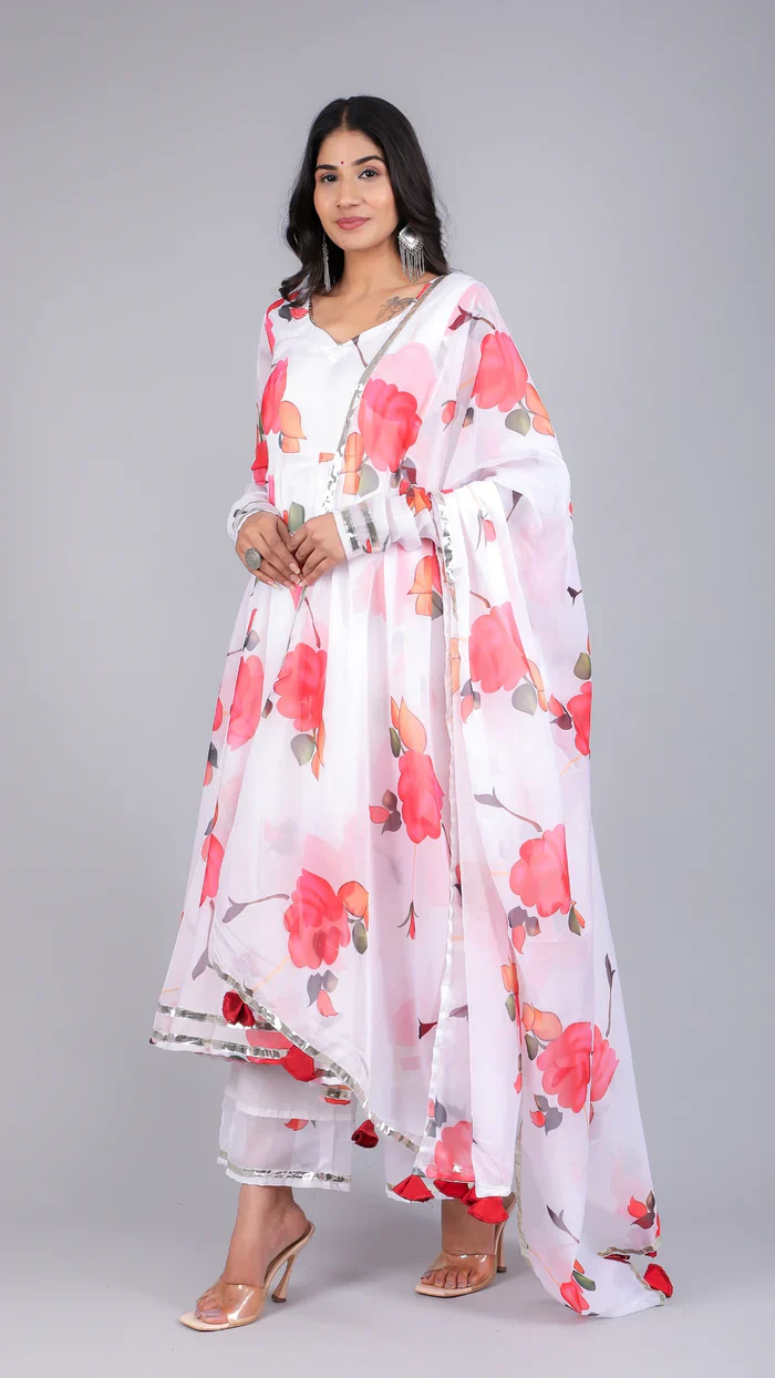 Aanchal red phool organza anarkali set - Image 4