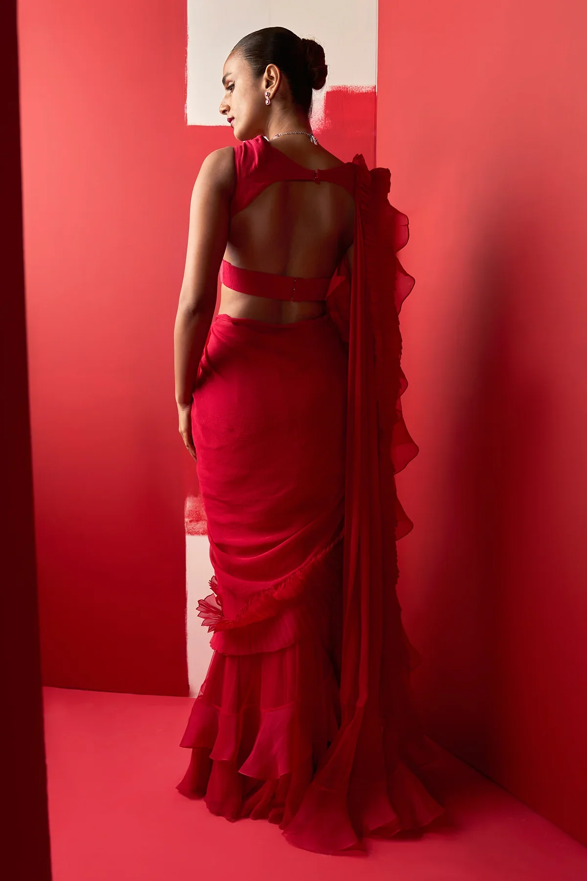 AANI - Red Net Monotone Embroidered Saree - Image 4