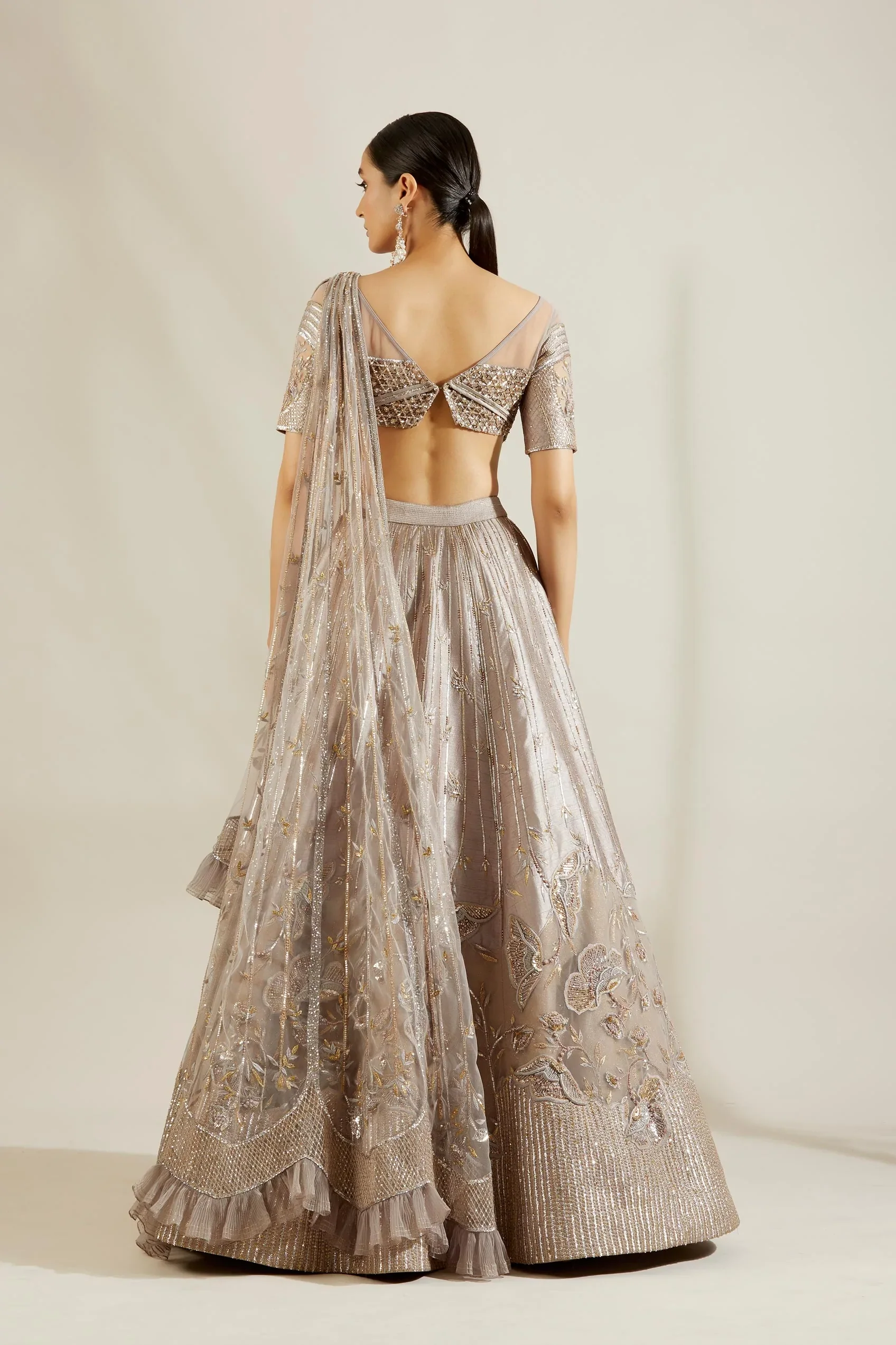Abalone Grey Gold Floral Lehenga - Image 2
