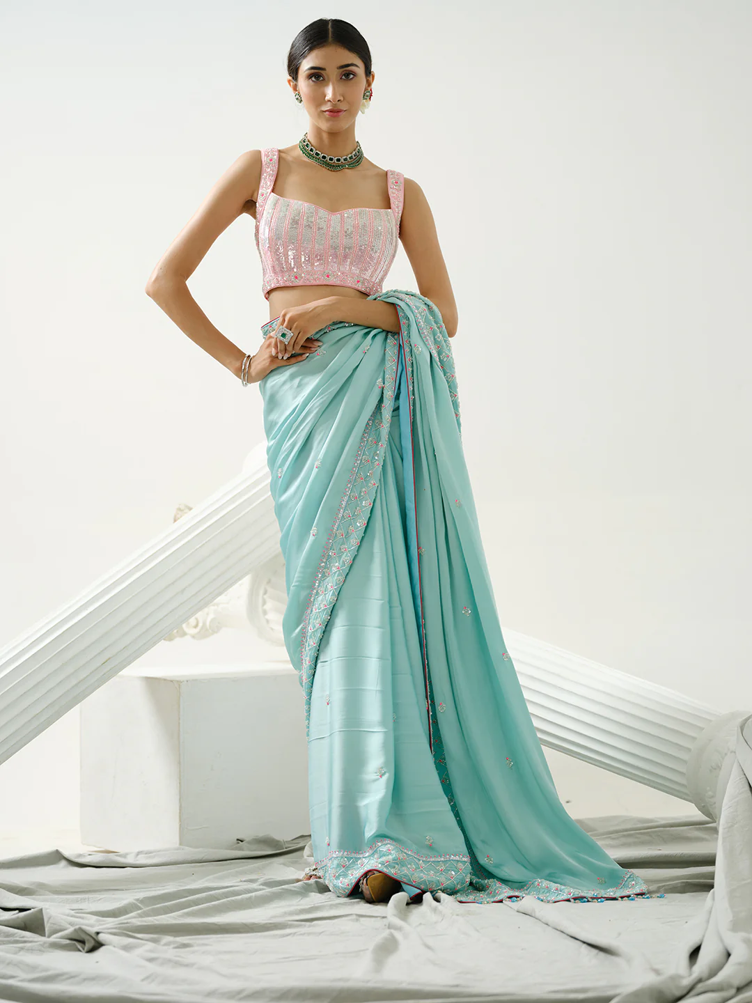 Aida Ocean Green Sequin Saree - Image 3