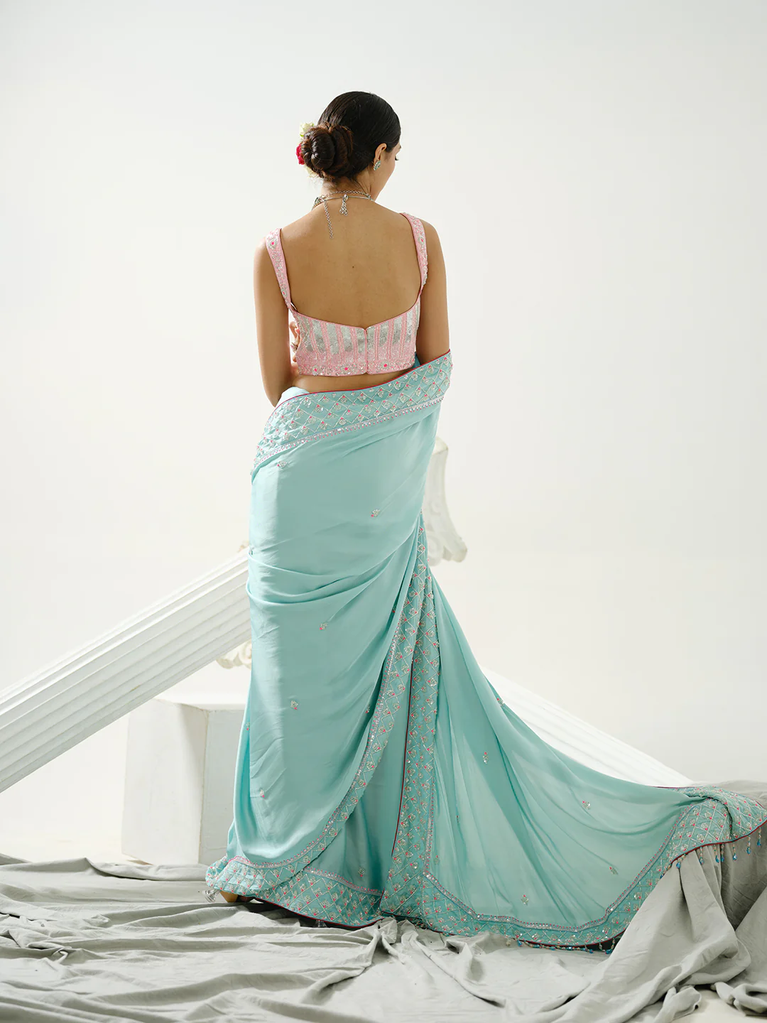 Aida Ocean Green Sequin Saree - Image 4