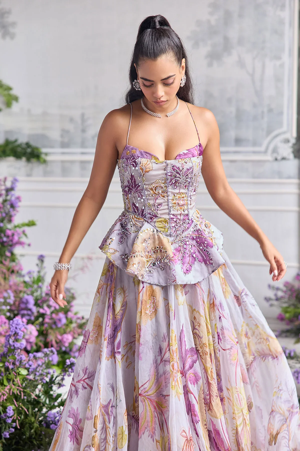 AIRA - Hand Embroidered Peplum Corset Floral Lehenga - Image 4