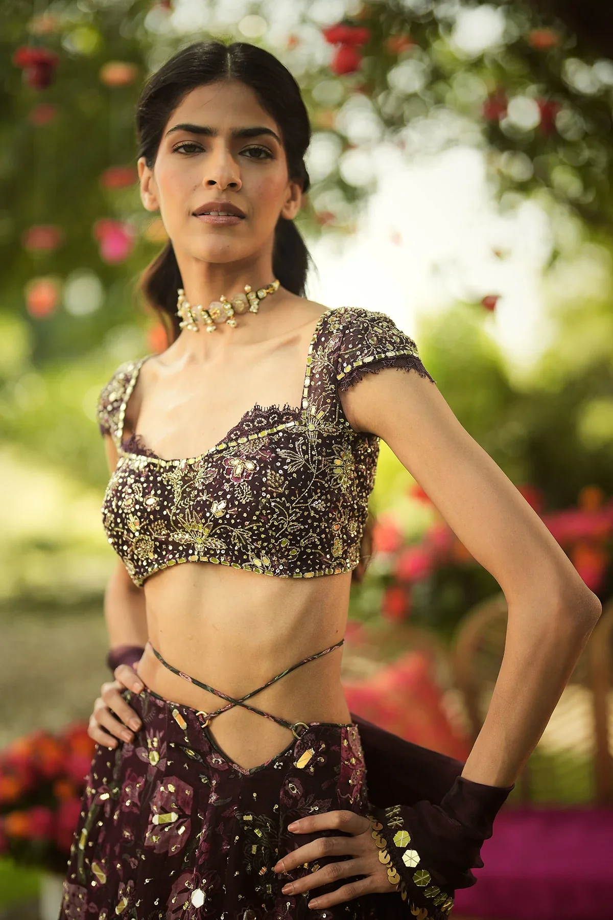 ALIZA - Hand Embroidered Lehenga Blouse With Lace Detailing Dupatta - Image 3