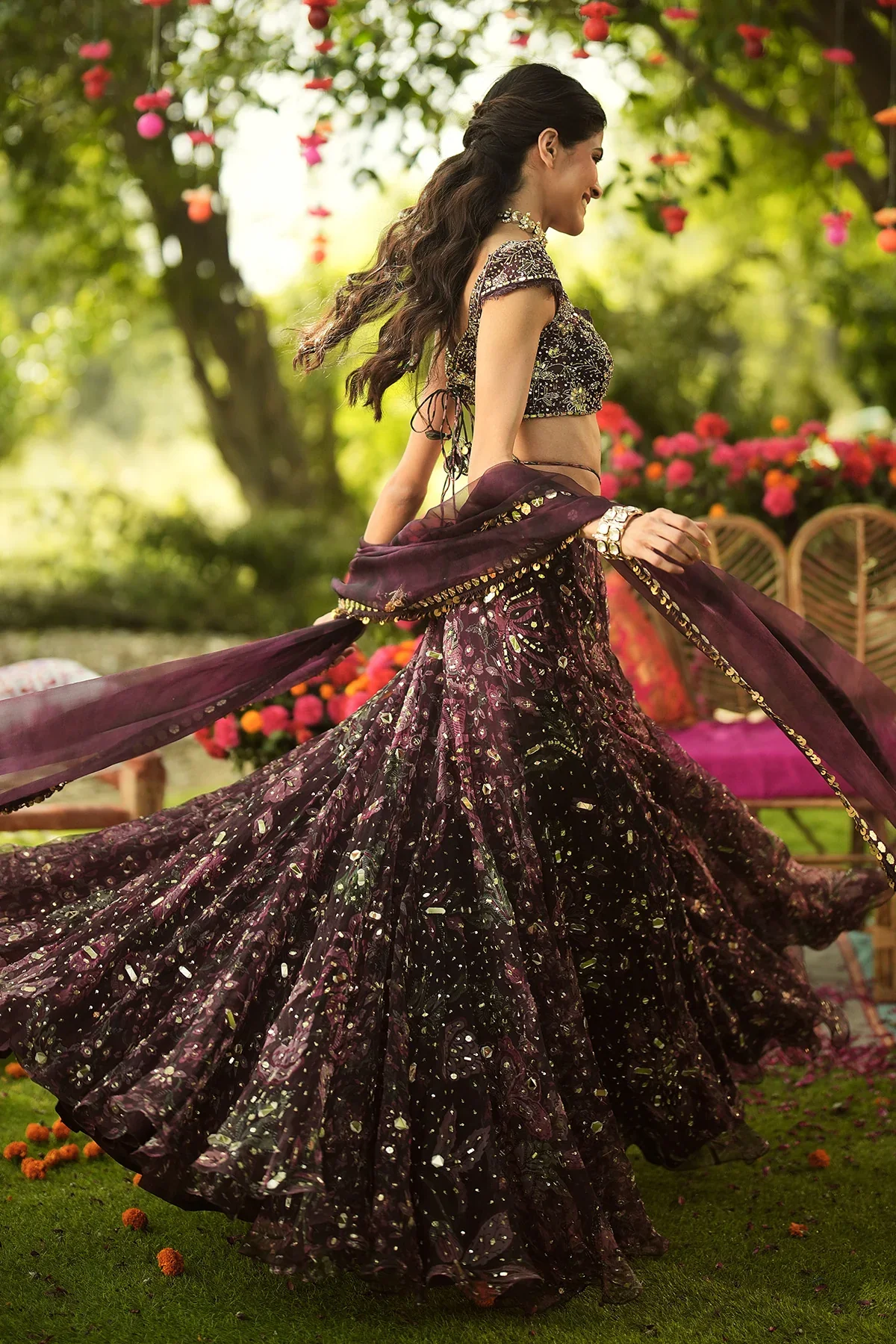 ALIZA - Hand Embroidered Lehenga Blouse With Lace Detailing Dupatta - Image 4