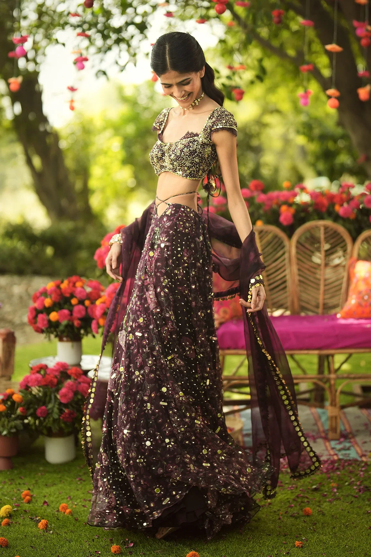 ALIZA - Hand Embroidered Lehenga Blouse With Lace Detailing Dupatta - Image 6