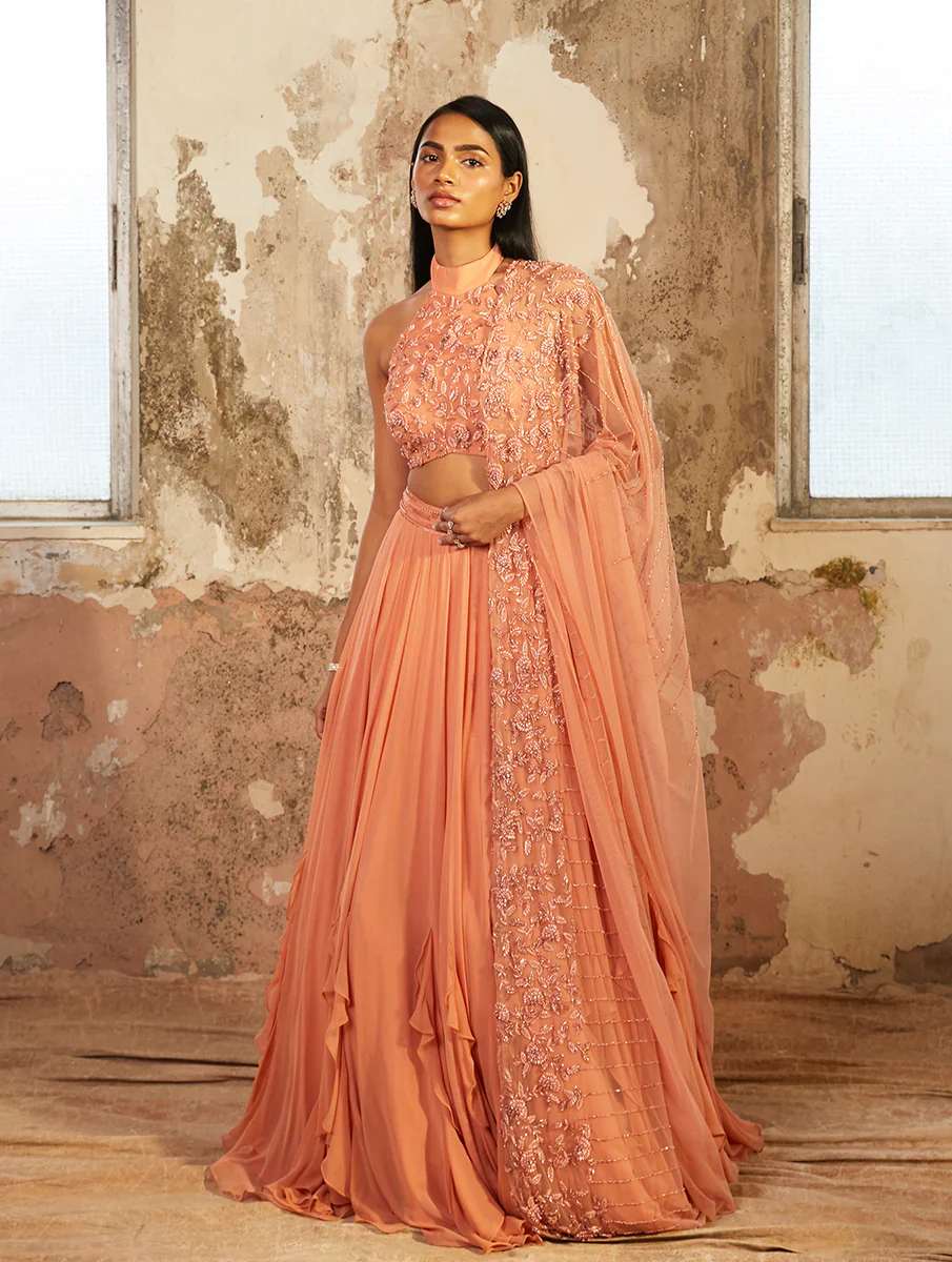 AMELIA - Peach High Neck Hand Embellished Lehanga