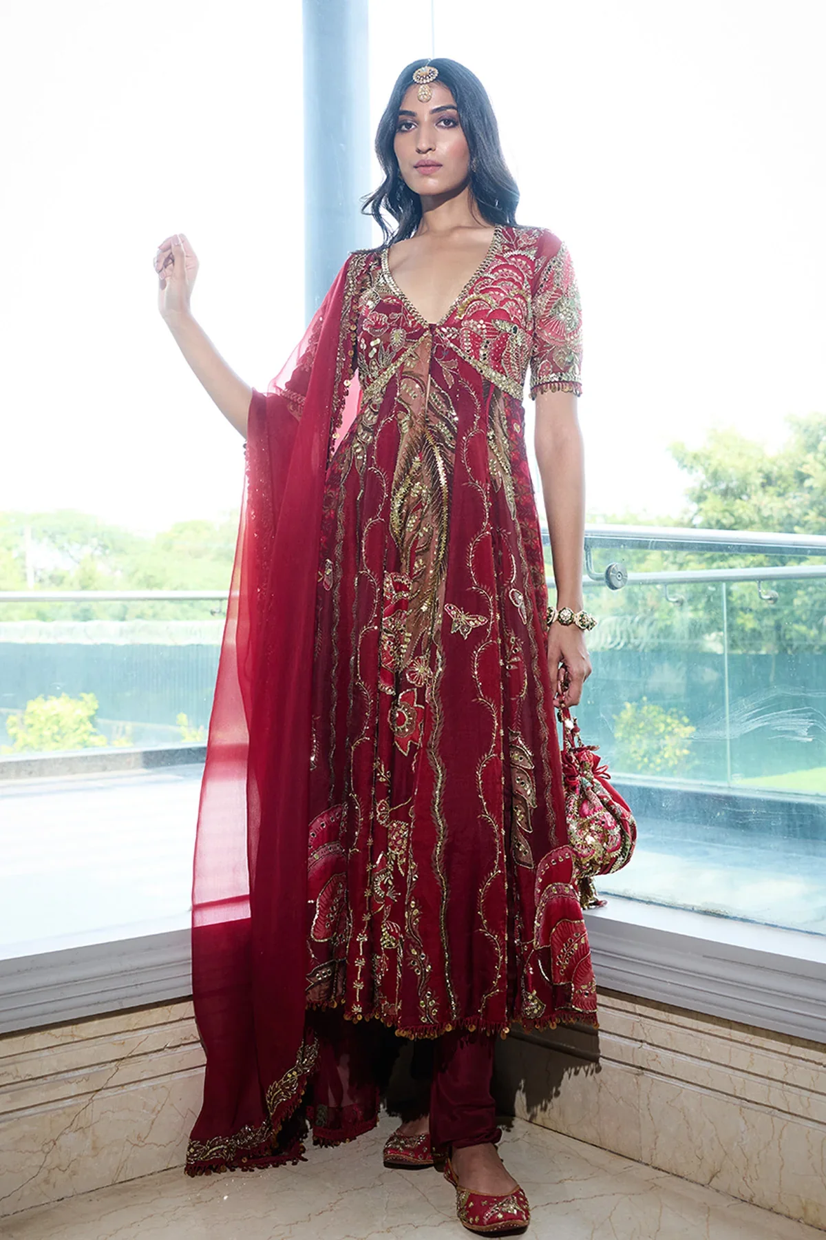 Anabia - Embroidered Front Open Kalidar with Pants and Dupatta