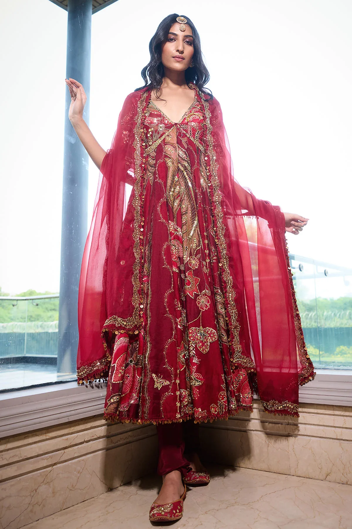 Anabia - Embroidered Front Open Kalidar with Pants and Dupatta - Image 2
