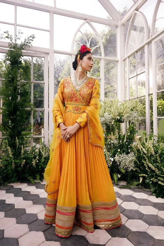 Anarkali With Over Lap Silk Yoke With Scallop Neck Line - Image 3