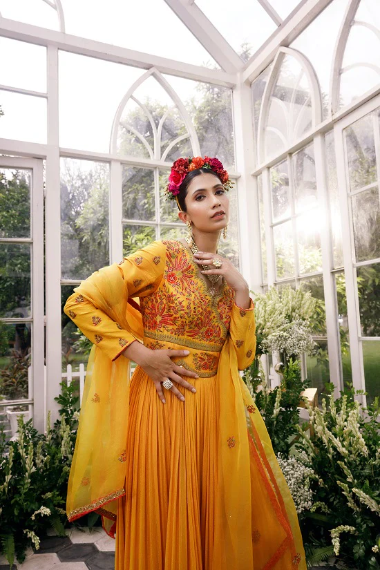 Anarkali With Over Lap Silk Yoke With Scallop Neck Line - Image 4