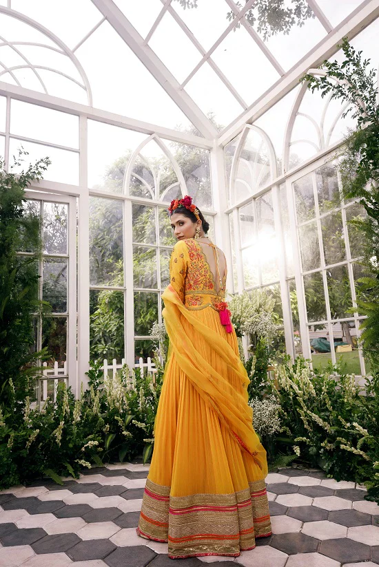 Anarkali With Over Lap Silk Yoke With Scallop Neck Line - Image 5