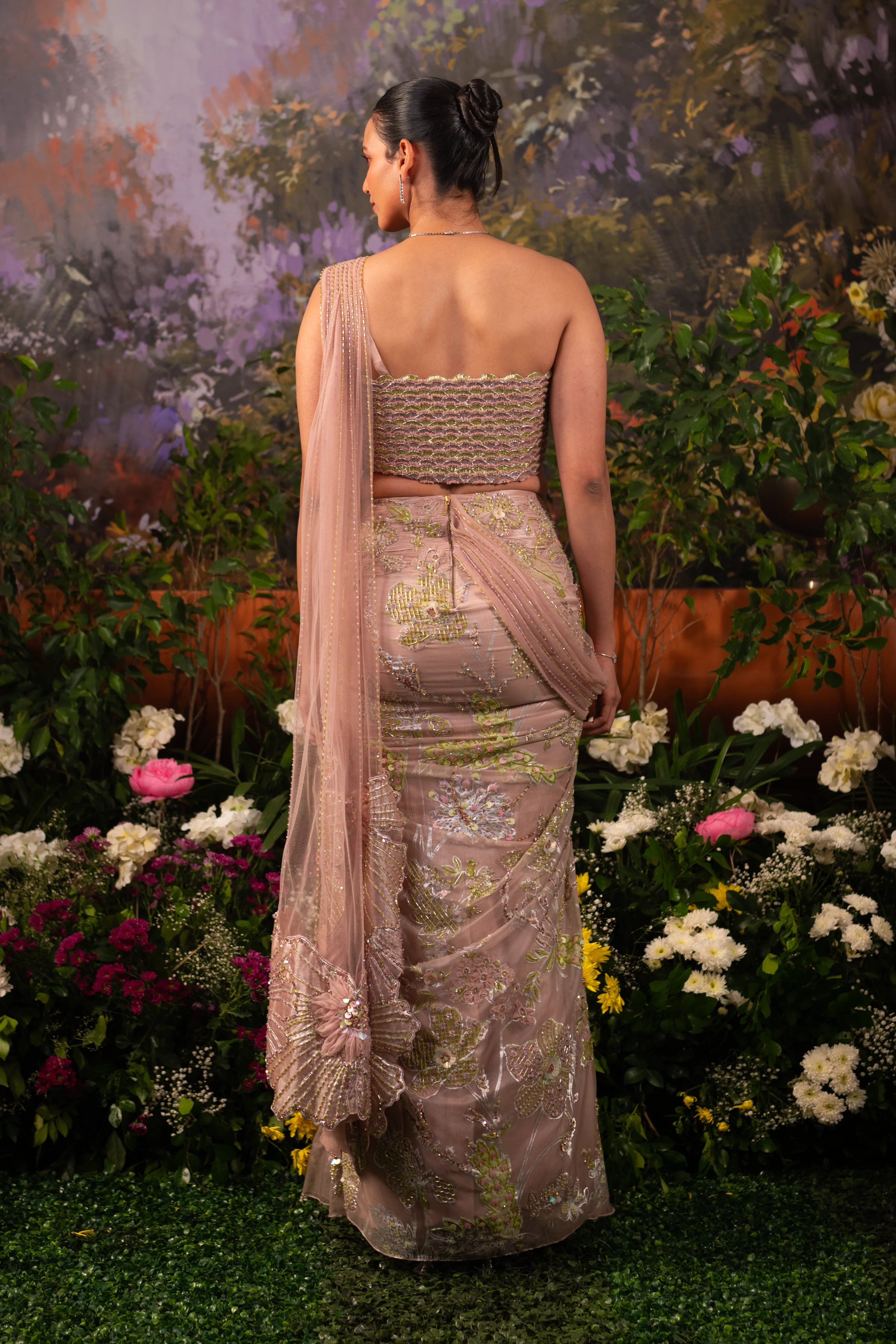 Anya Blush Pink Draped Saree - Image 5