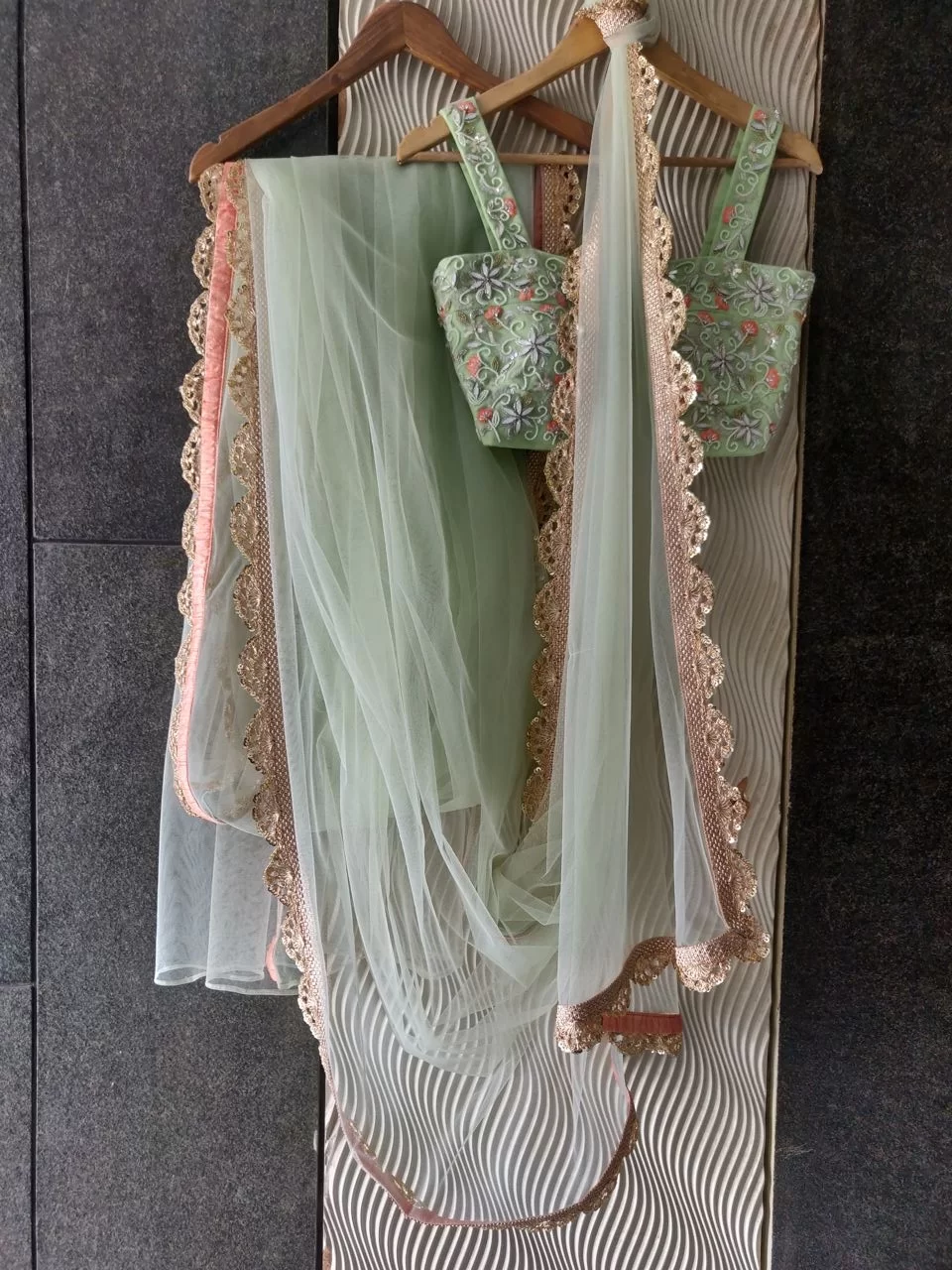 Apple Green Saree with Stone Work Blouse - Image 2