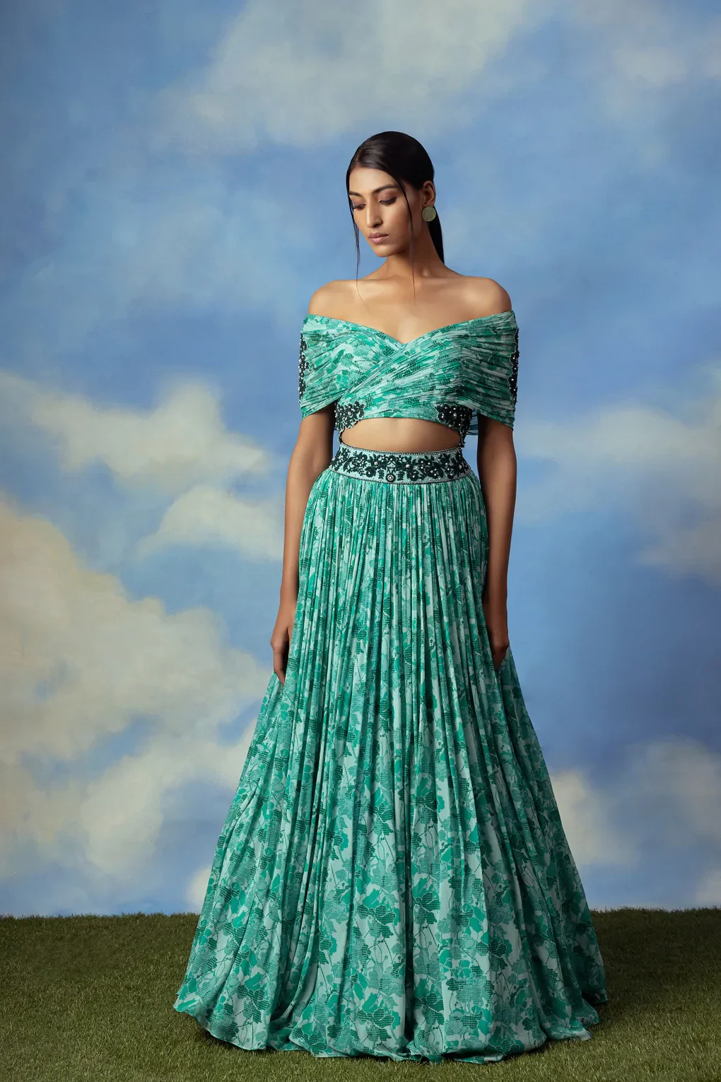 Aqua Green Printed Crop Top Skirt With Embroidered Blouse - Image 2