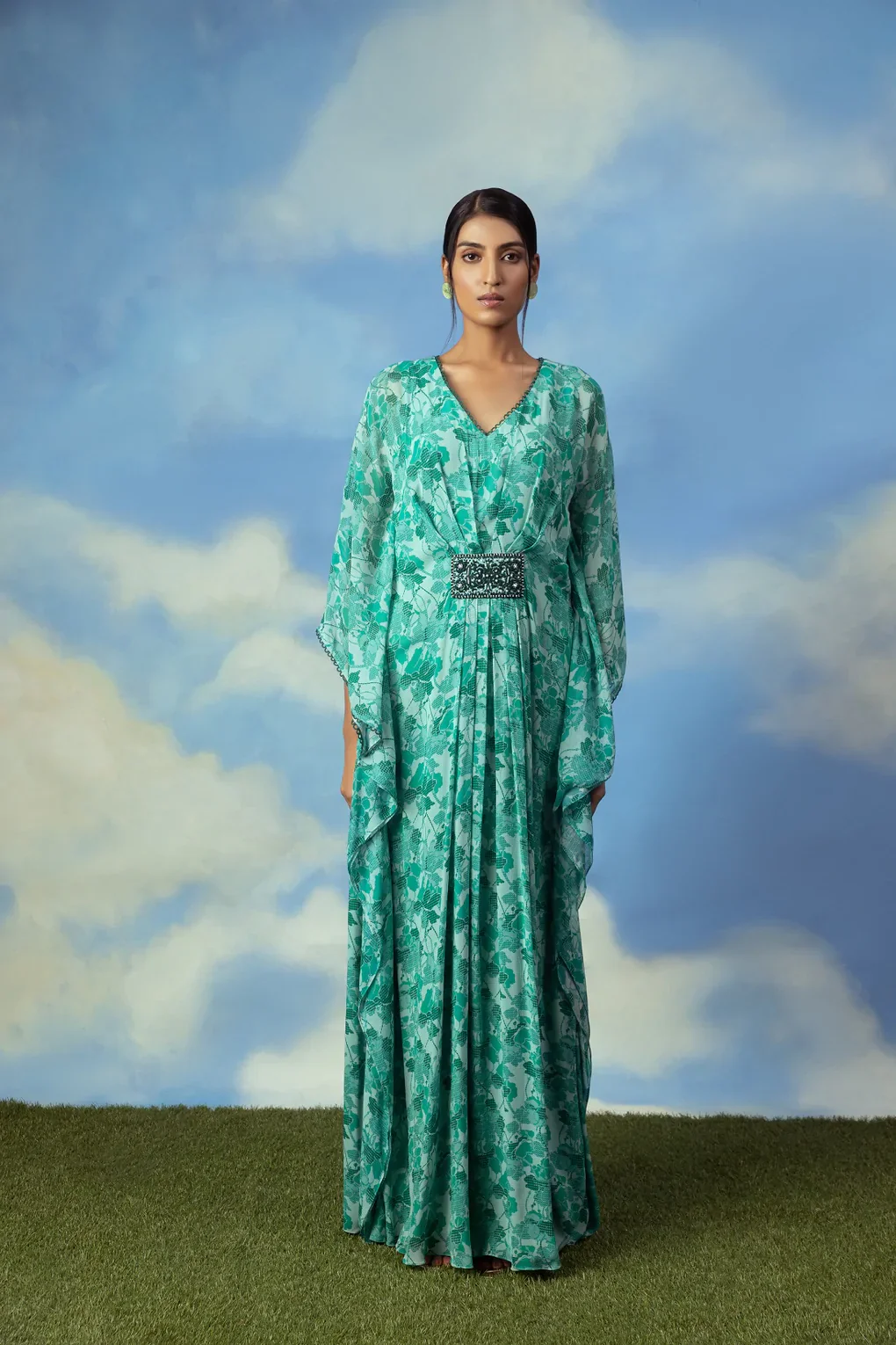 Aqua Green Printed Kaftan - Image 2