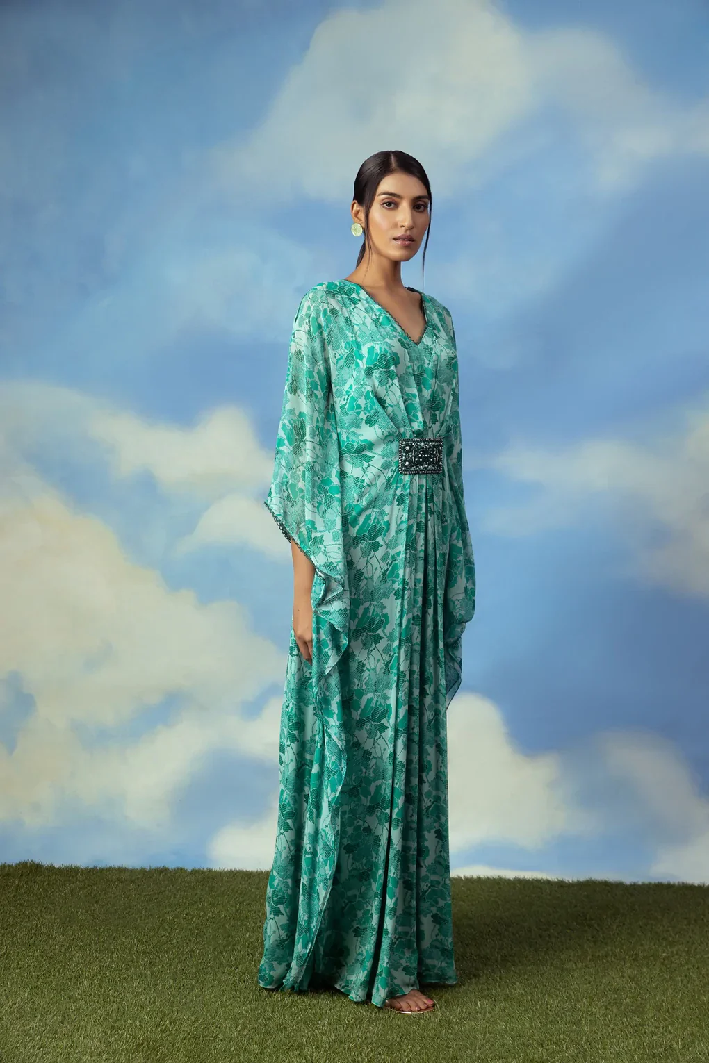 Aqua Green Printed Kaftan - Image 3