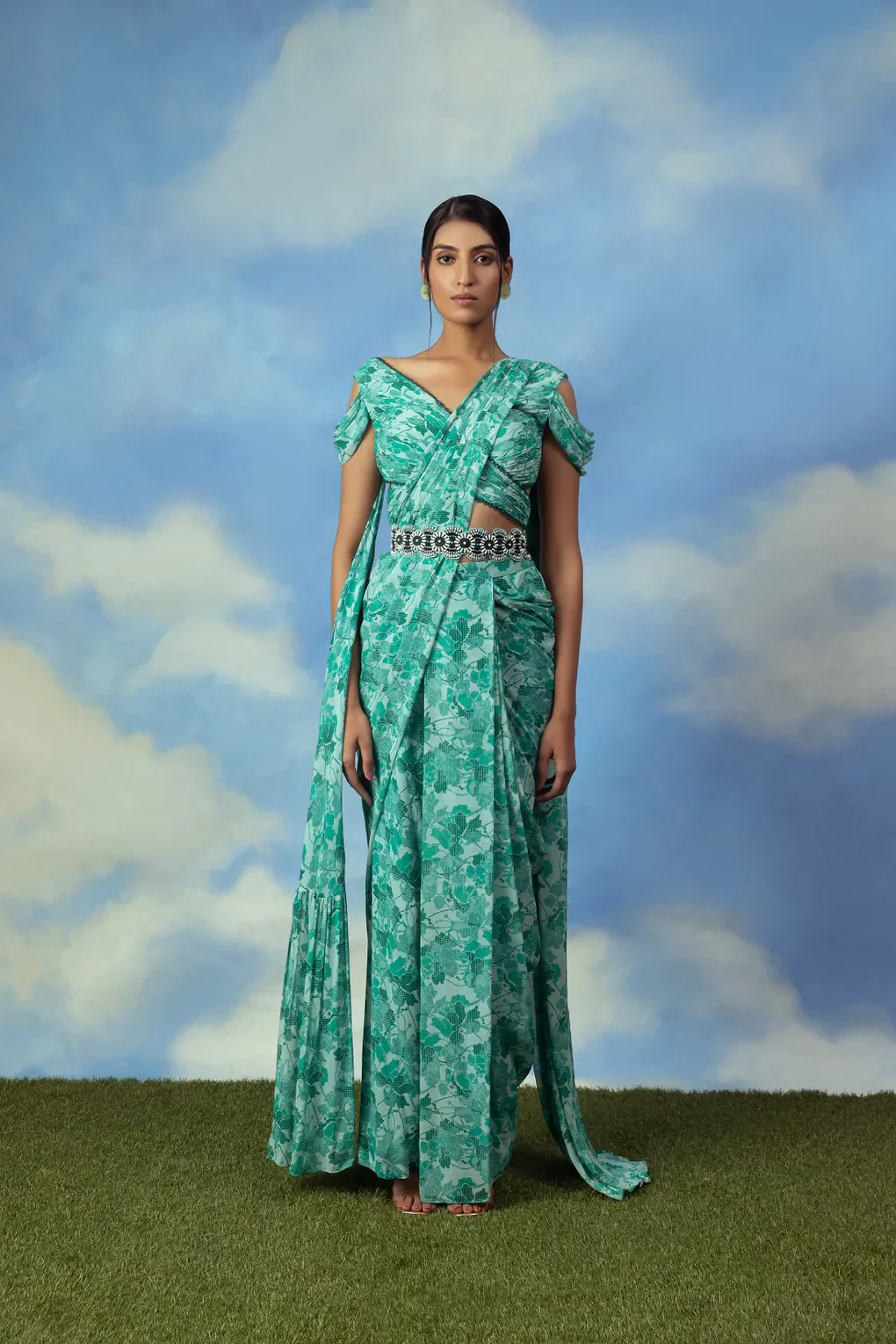 Aqua Green Printed Palazzo Sari With Blouse And Belt - Image 2