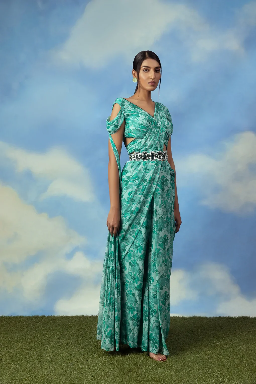 Aqua Green Printed Palazzo Sari With Blouse And Belt - Image 3