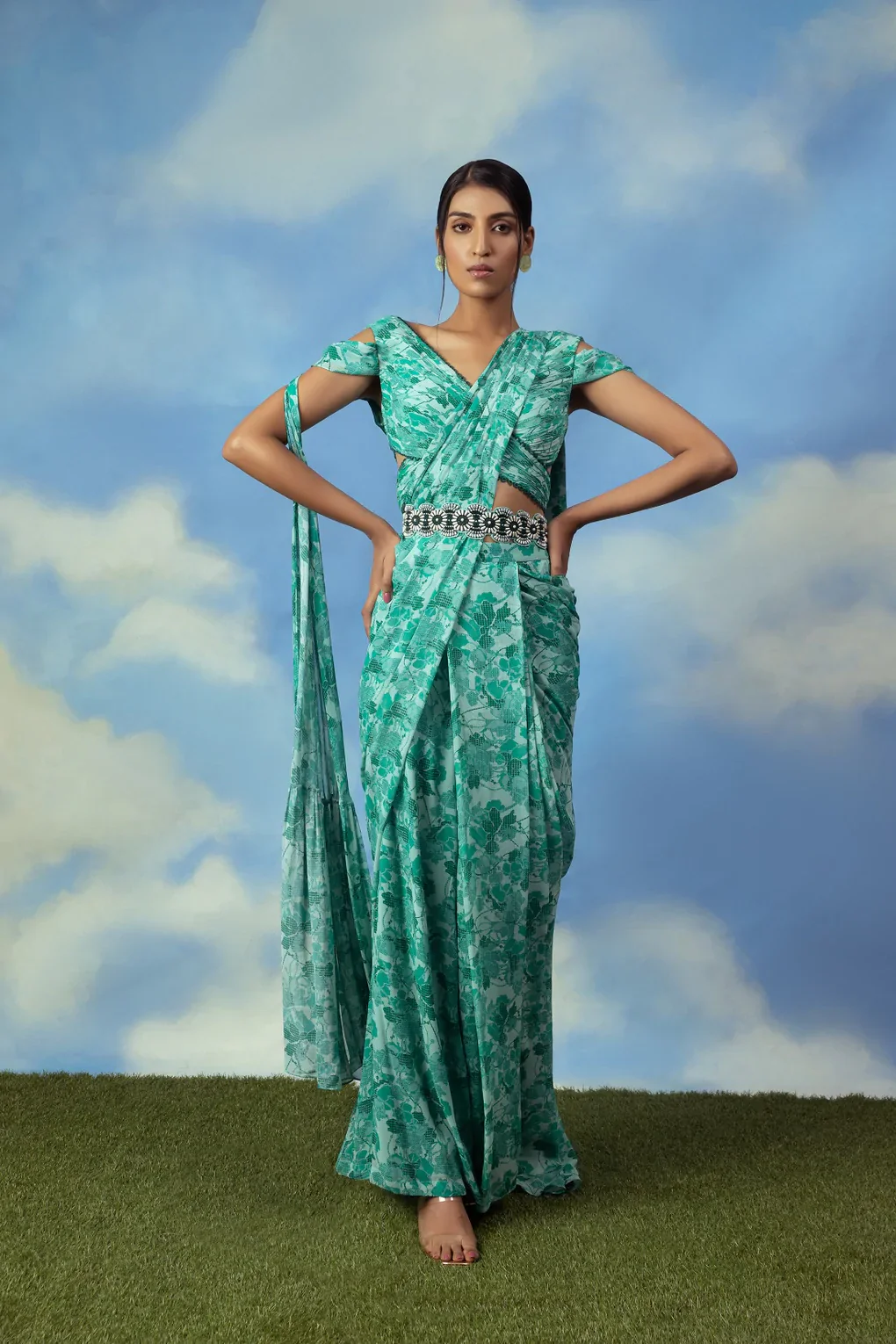 Aqua Green Printed Palazzo Sari With Blouse And Belt - Image 4