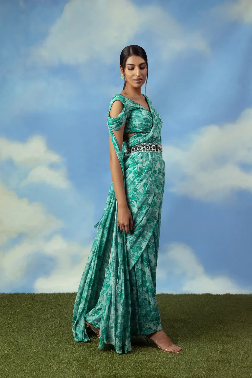 Aqua Green Printed Palazzo Sari With Blouse And Belt - Image 5