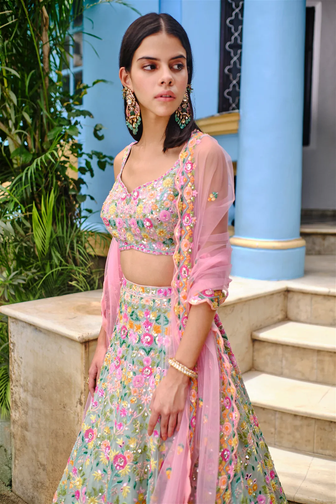 Aqua Organza Multi Lehenga - Image 3