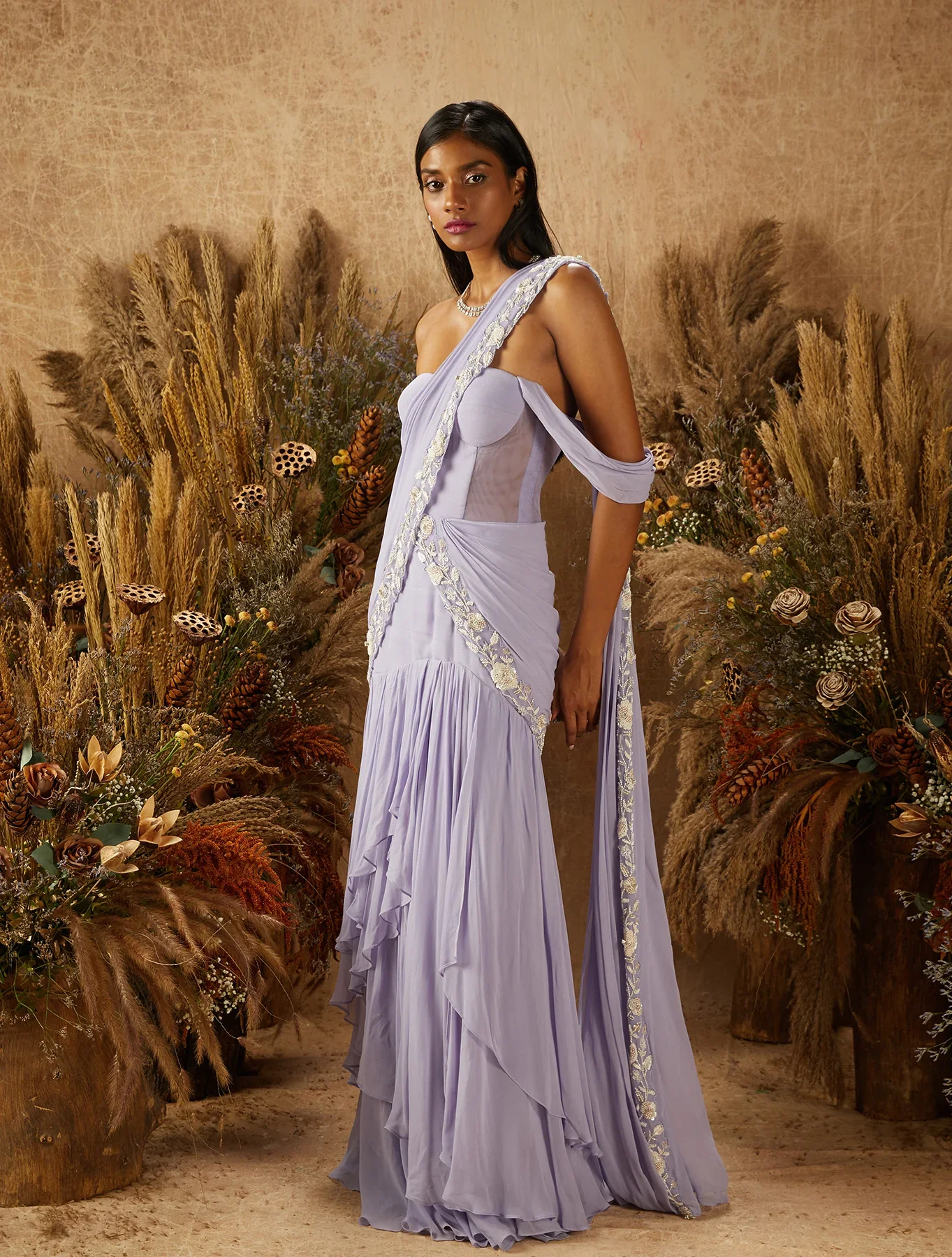 ARIESE - Pastel Purple Corset Style Draped Saree - Image 3