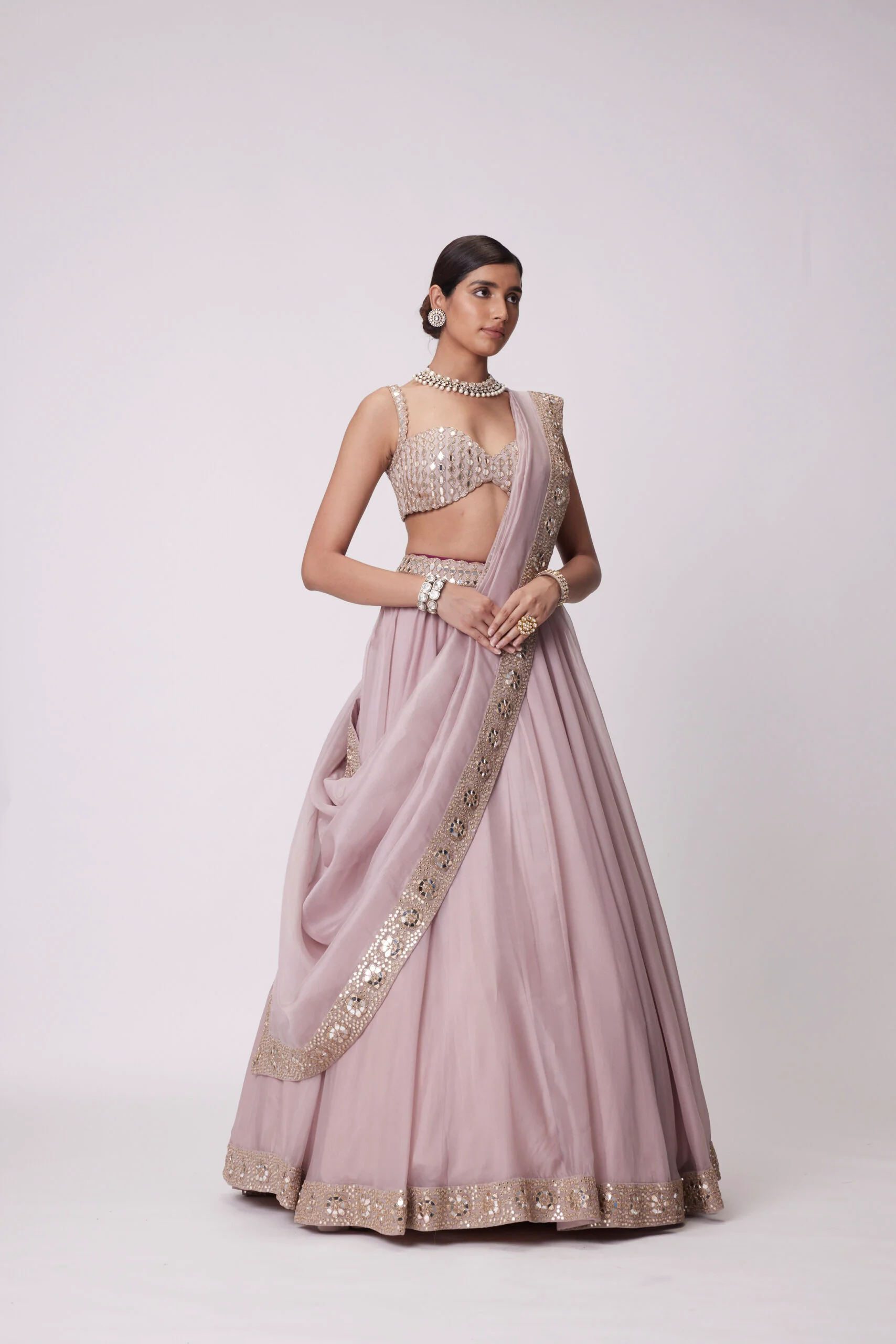 Ash Pink mirror Hand Embroidered Lehenga Set - Image 3