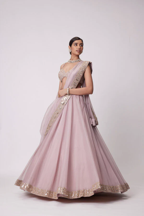 Ash Pink mirror Hand Embroidered Lehenga Set - Image 4