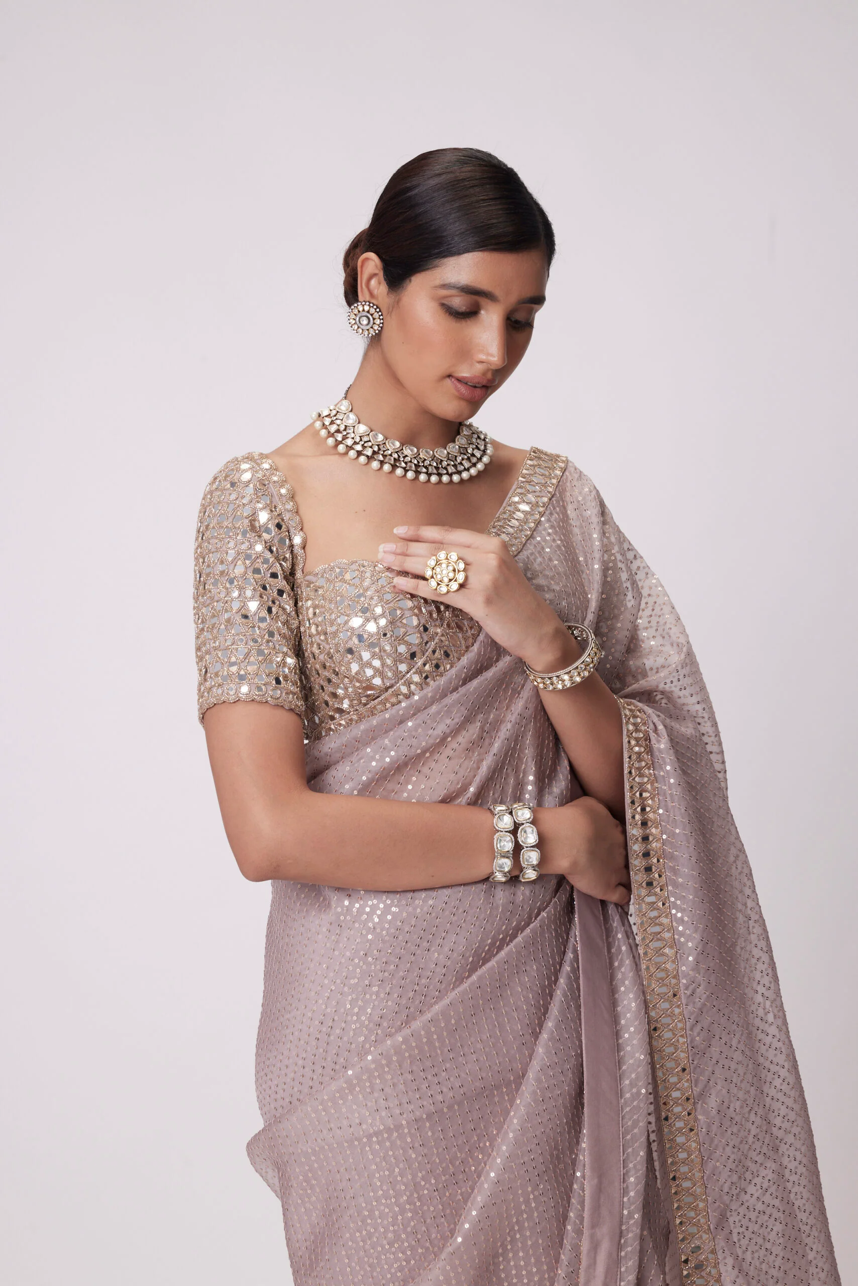 Ash Pink Organza Saree Set - Image 2