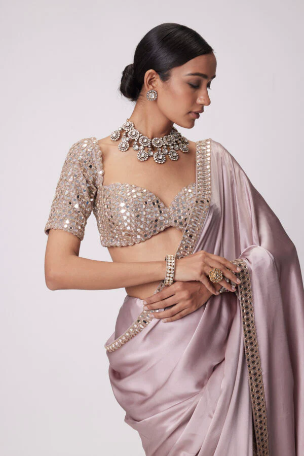 Ash pink Satin Saree Set - Image 2
