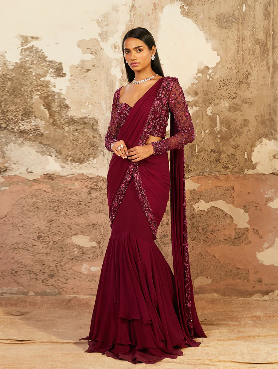 AUBREY - Plum Purple Toned Georgette Layered Saree - Image 3