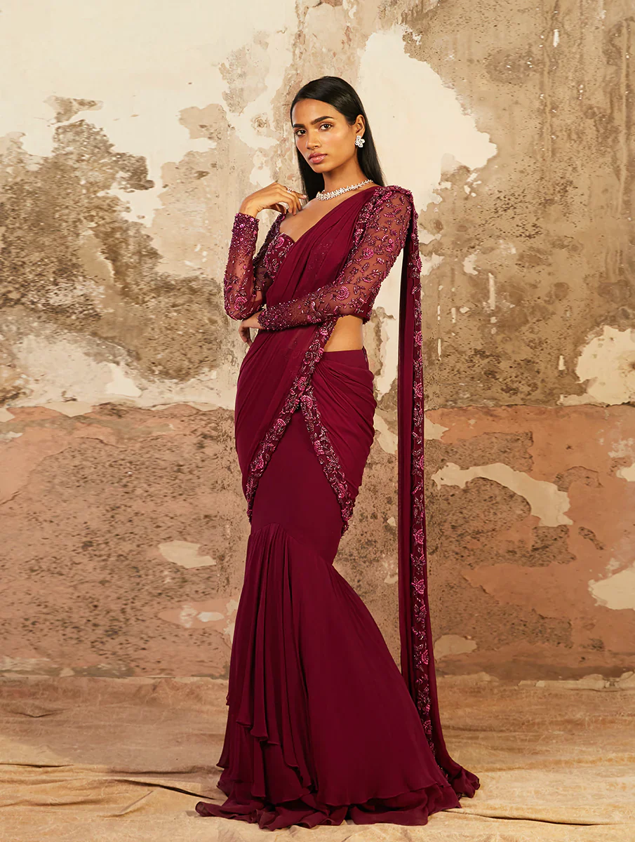 AUBREY - Plum Purple Toned Georgette Layered Saree - Image 4