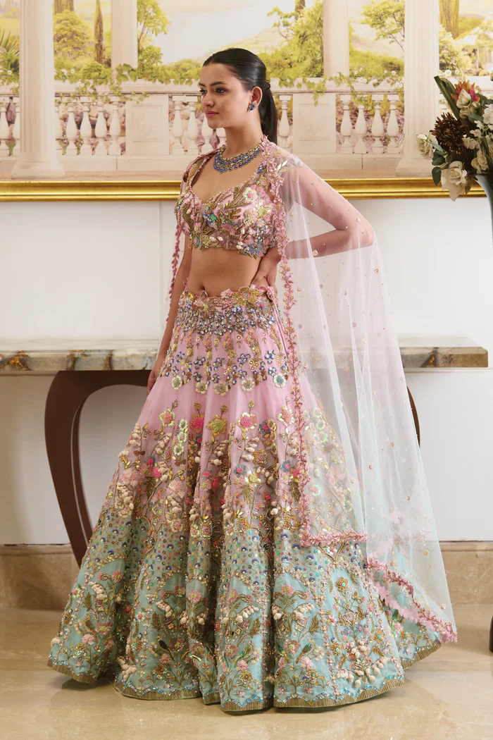 Azura - Pastel Pink and Blue Lehenga Set - Image 3