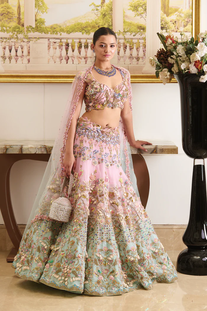 Azura - Pastel Pink and Blue Lehenga Set - Image 4