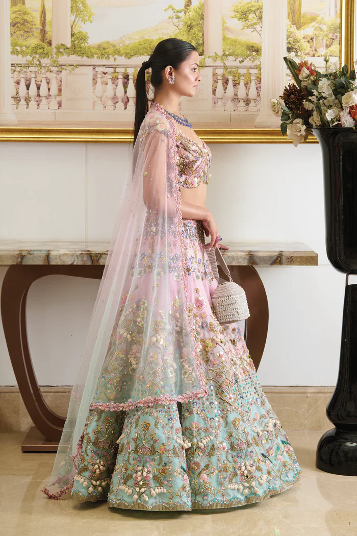 Azura - Pastel Pink and Blue Lehenga Set - Image 5