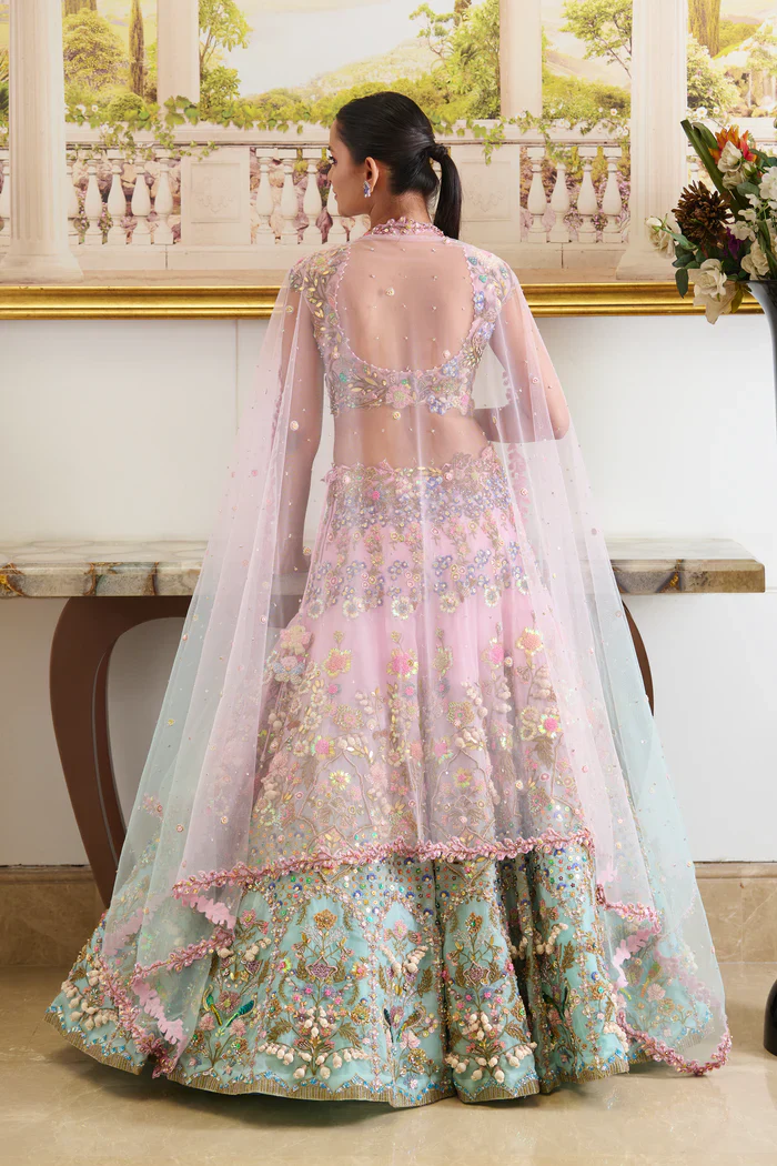 Azura - Pastel Pink and Blue Lehenga Set - Image 7
