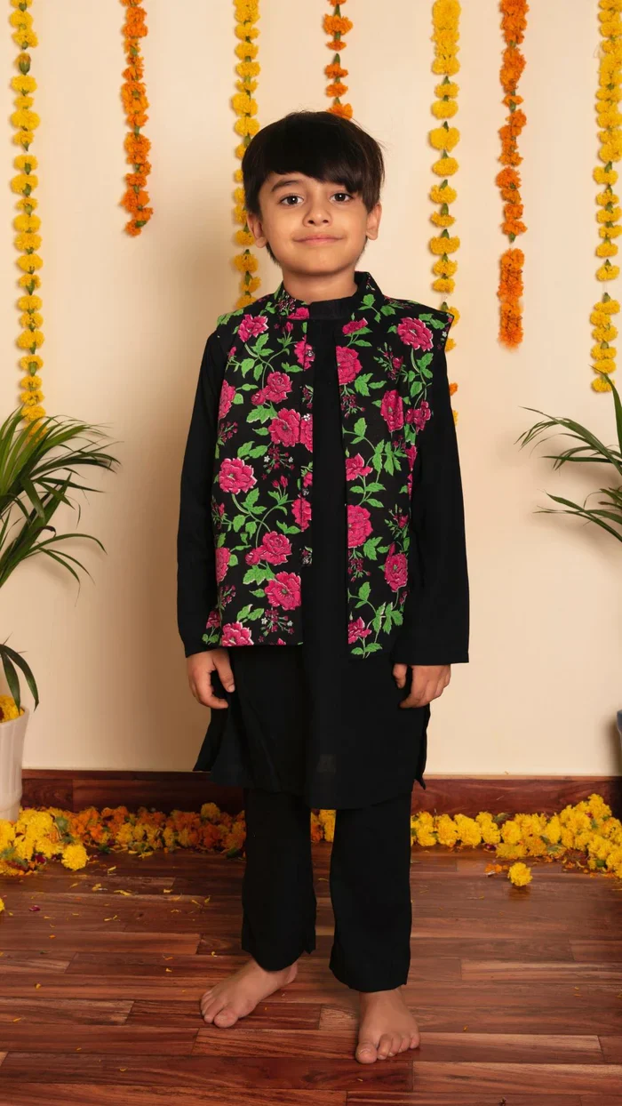 Bachpan Gulmohar hand block kurta jacket set