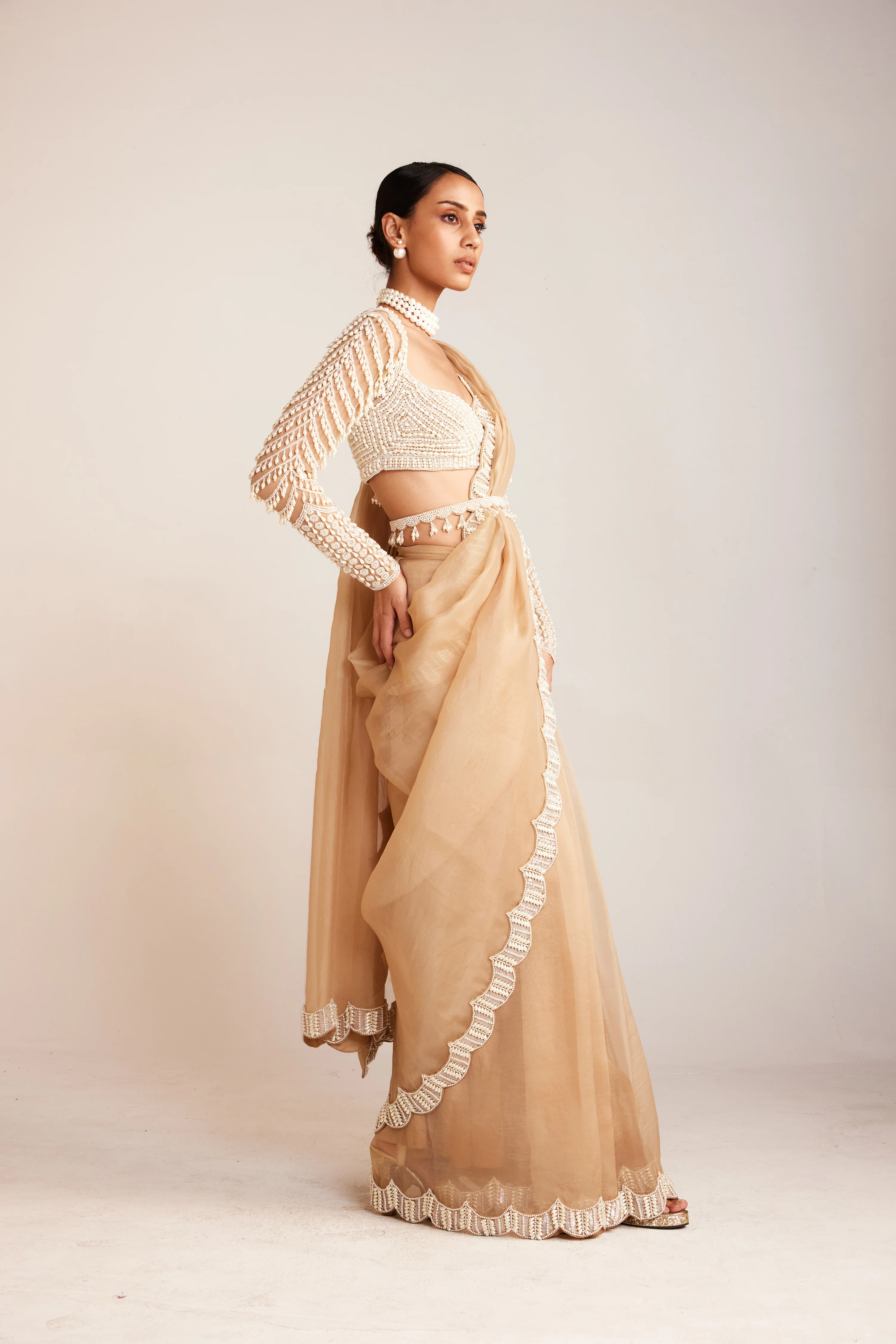 Beige Chandelier Drop Saree Set - Image 3
