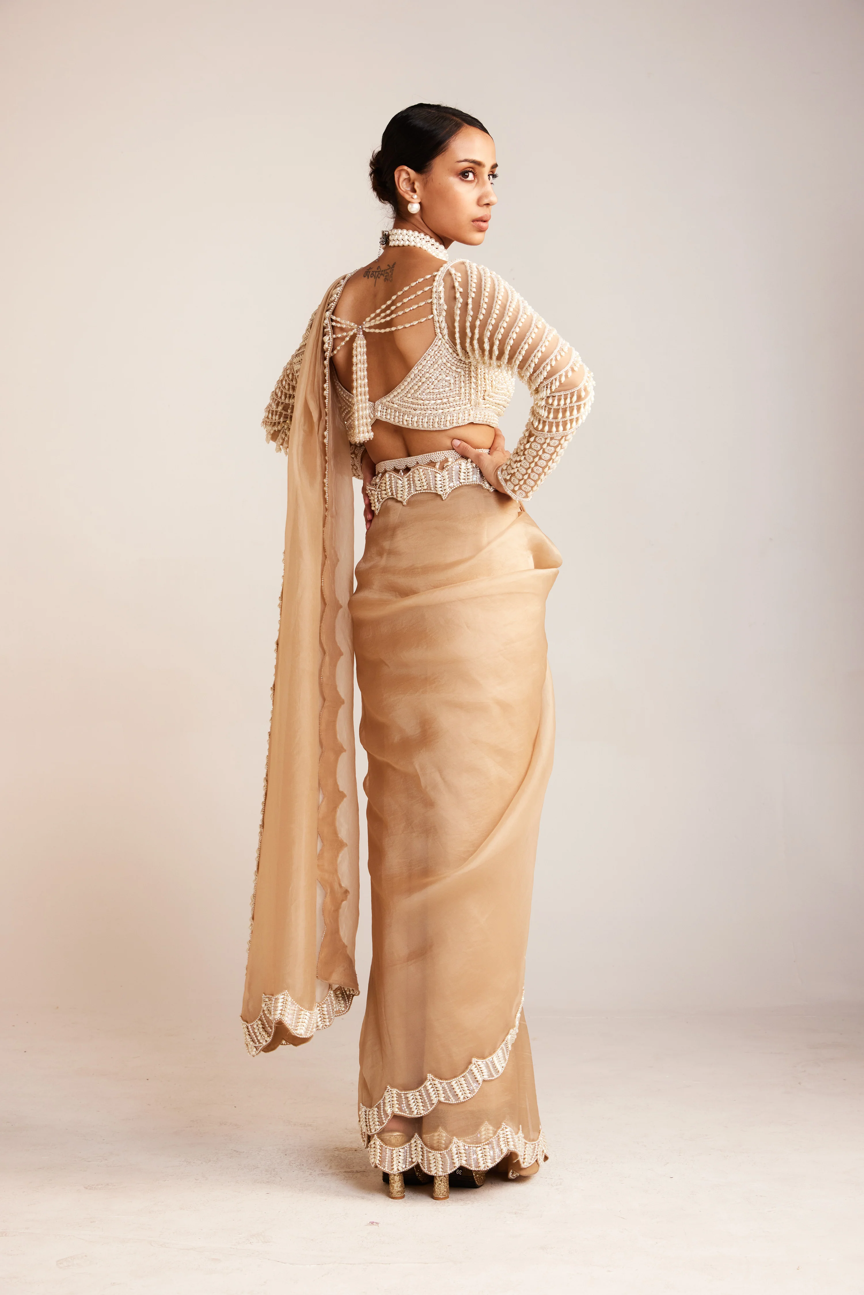 Beige Chandelier Drop Saree Set - Image 4