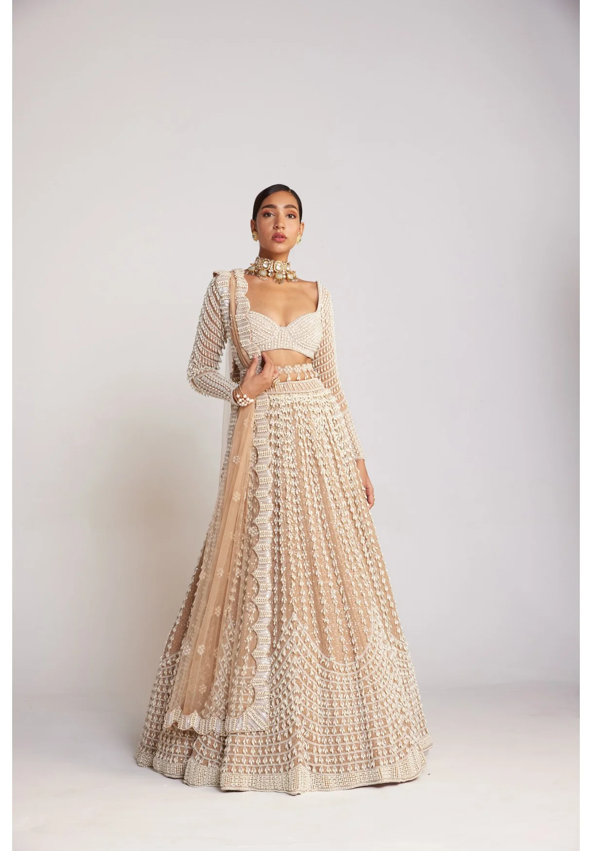 Beige Chandelier Pearl Lehenga Set - Image 4