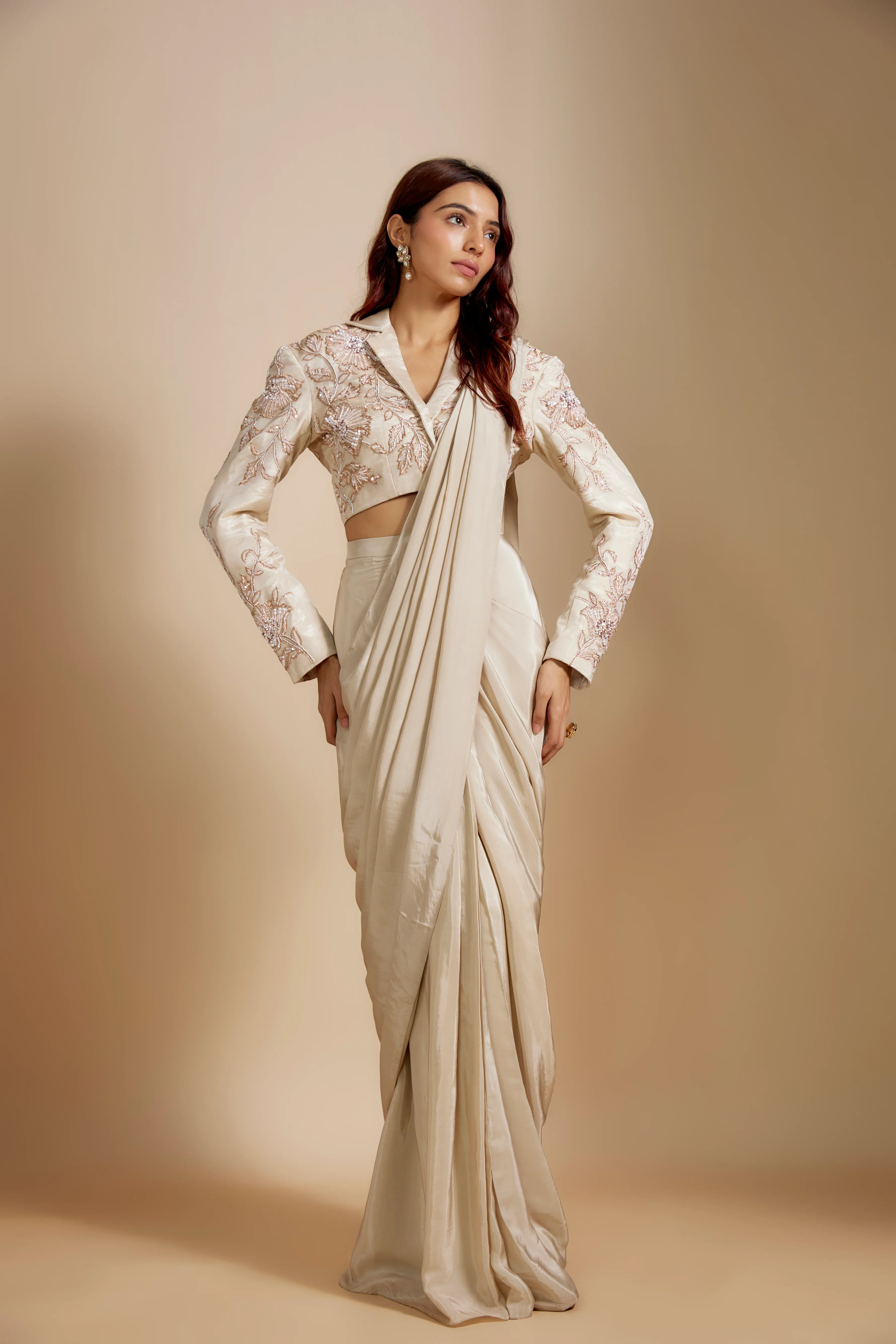 Beige Embroidered Short Blazer With Saree - Image 3