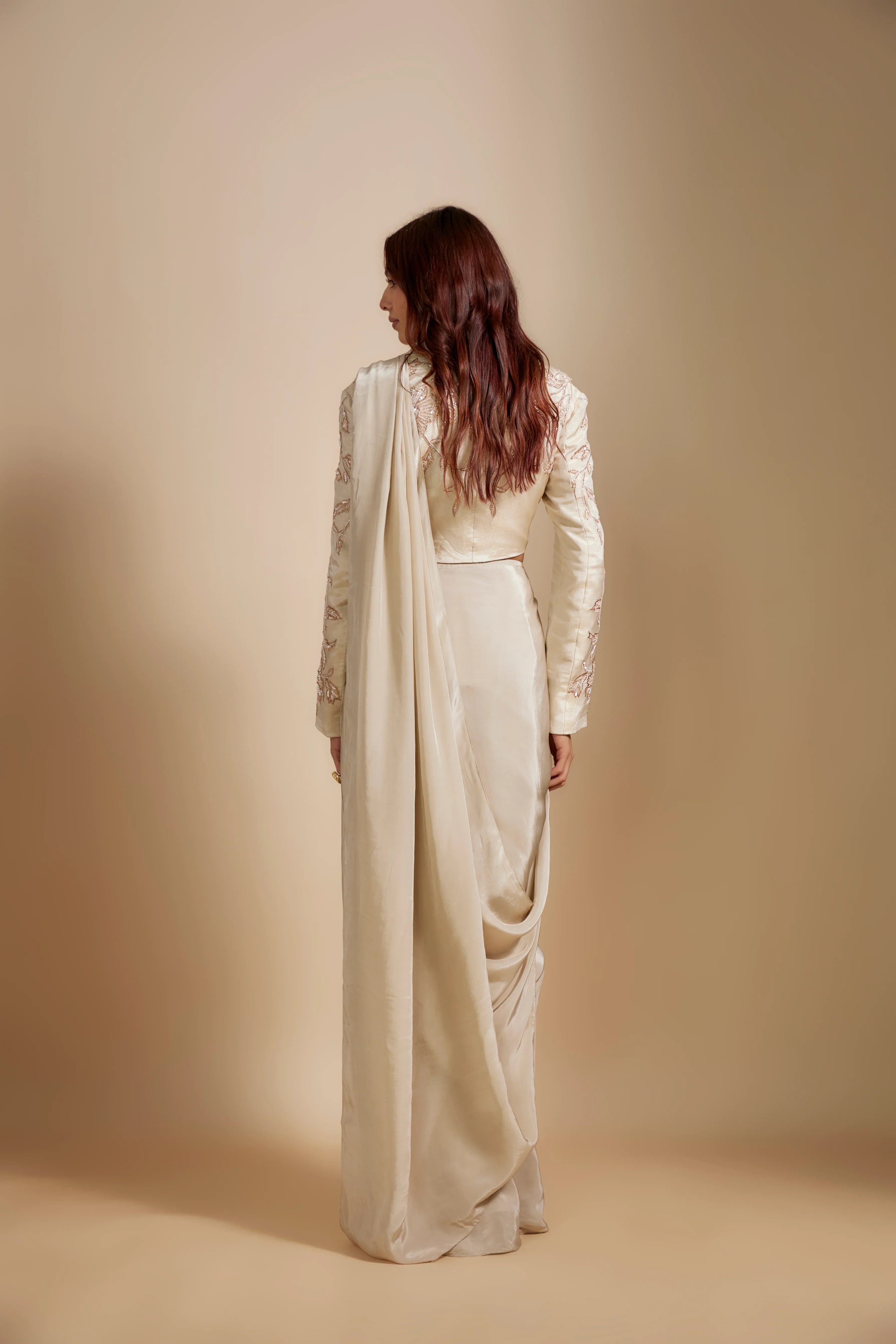 Beige Embroidered Short Blazer With Saree - Image 4
