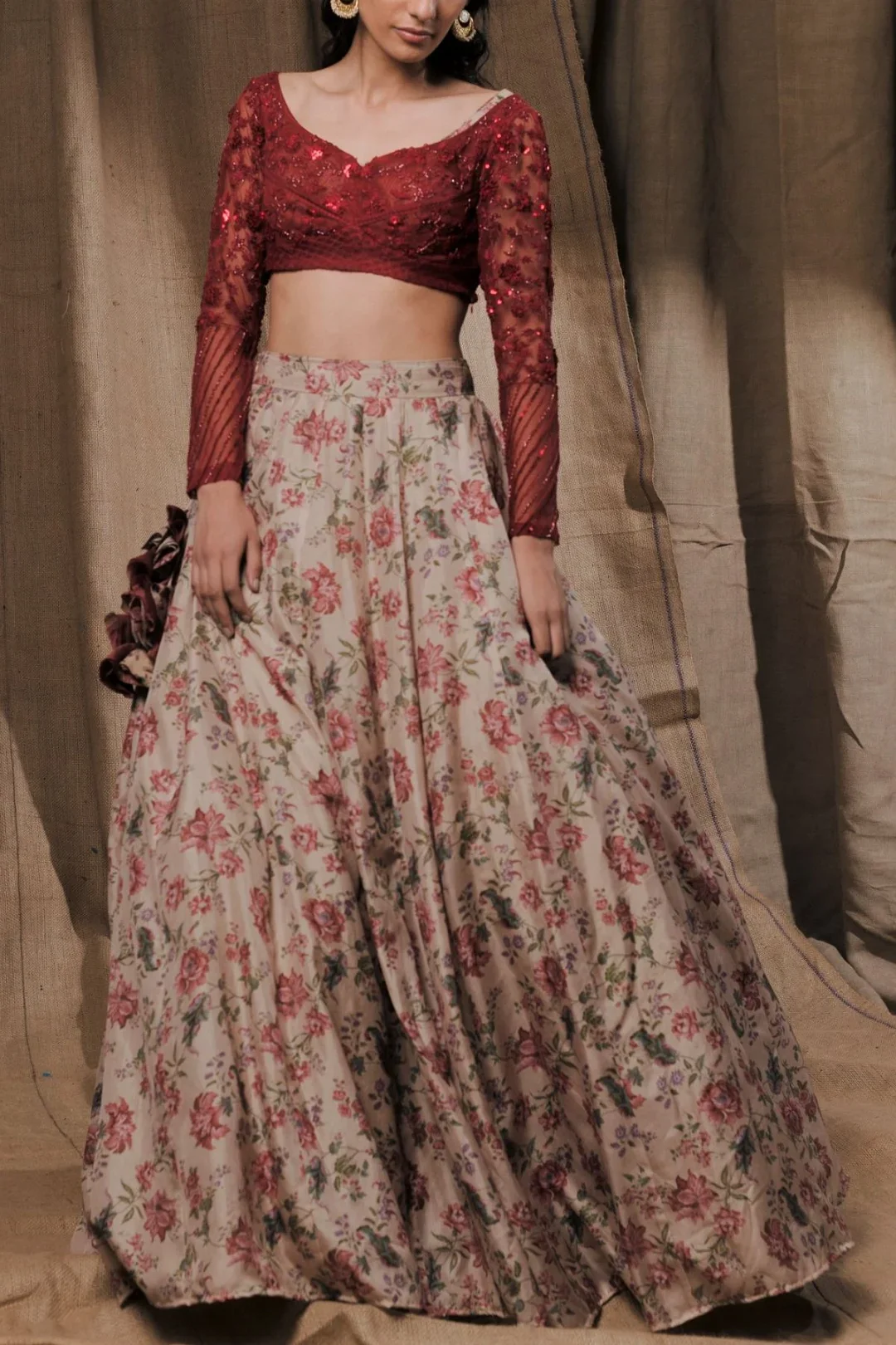 Beige Floral Printed With Deep Red Blouse
