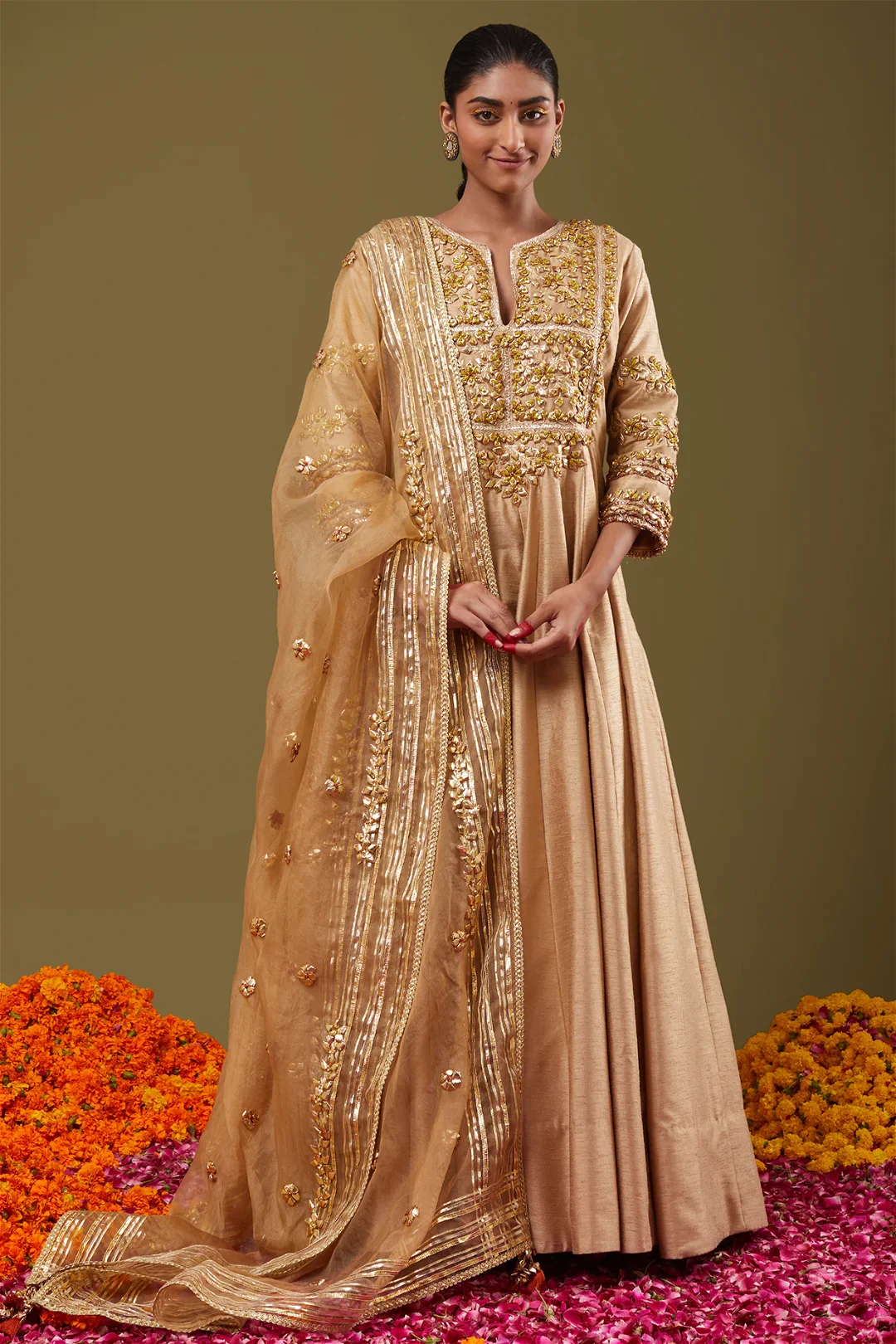 Beige Gota Work Embroidered Anarkali Set