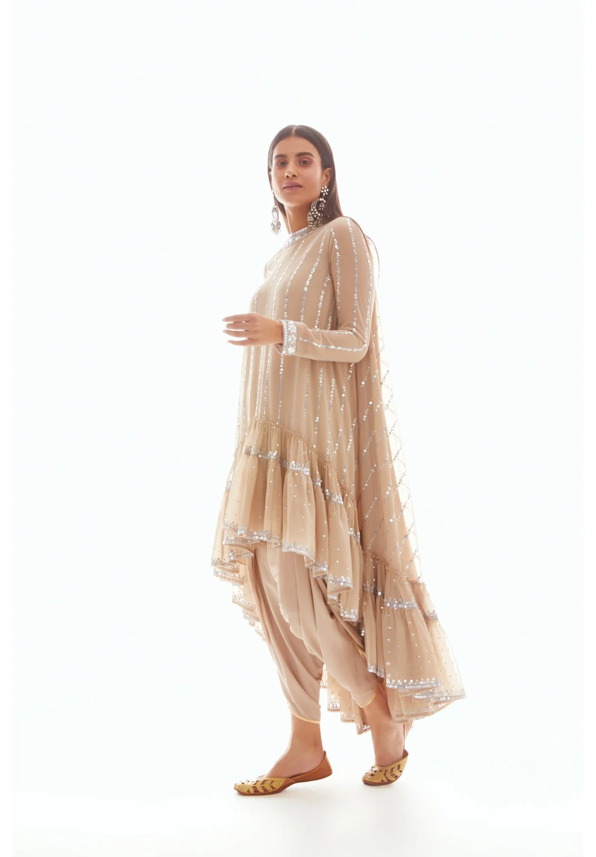 Beige High Low Kurta Set - Image 3